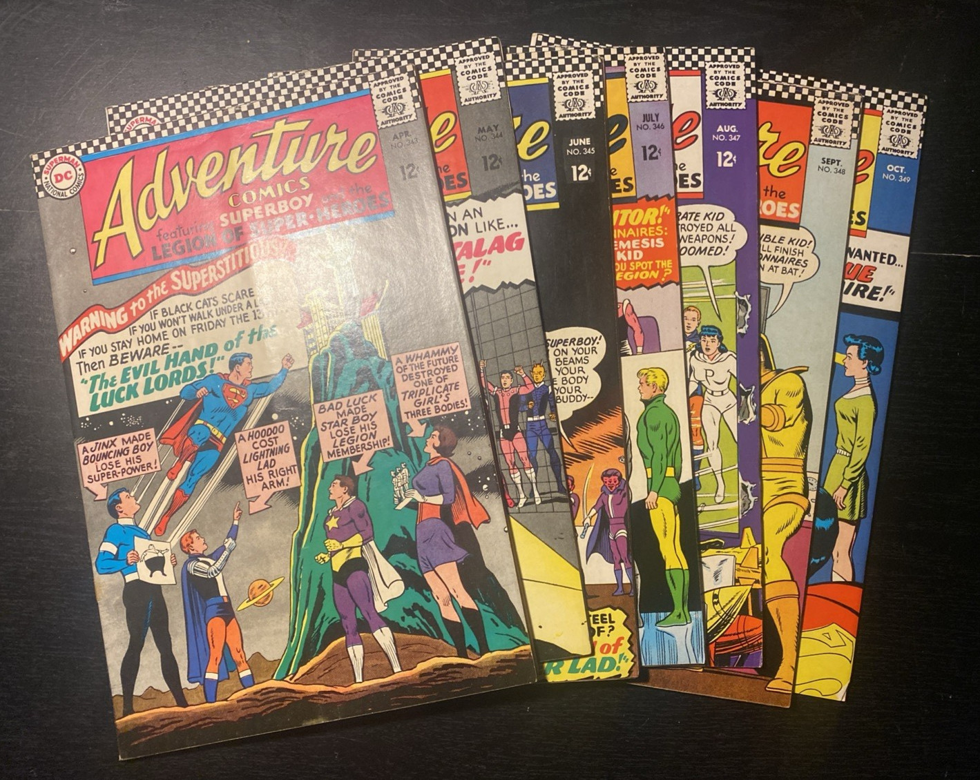 Silver Age comic auction, Adventure Comics #343-#349 Lot (1966) 7 books VG to FN