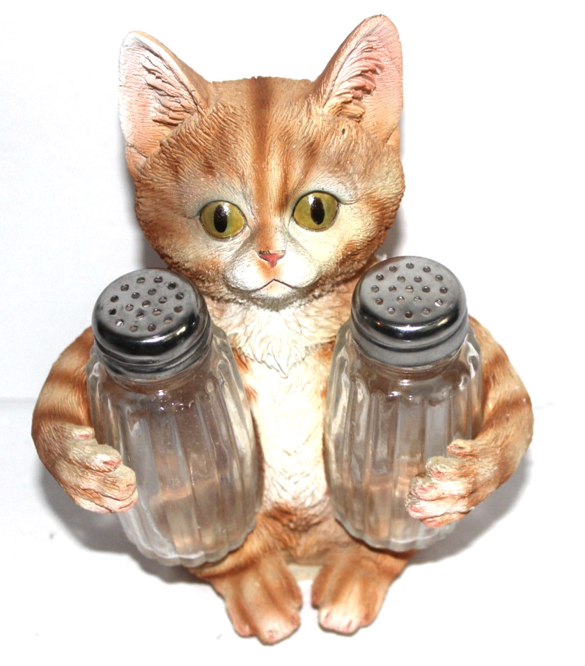 CAT salt & pepper shaker holder set kitty kitchen poly resin Odd Novelty No box