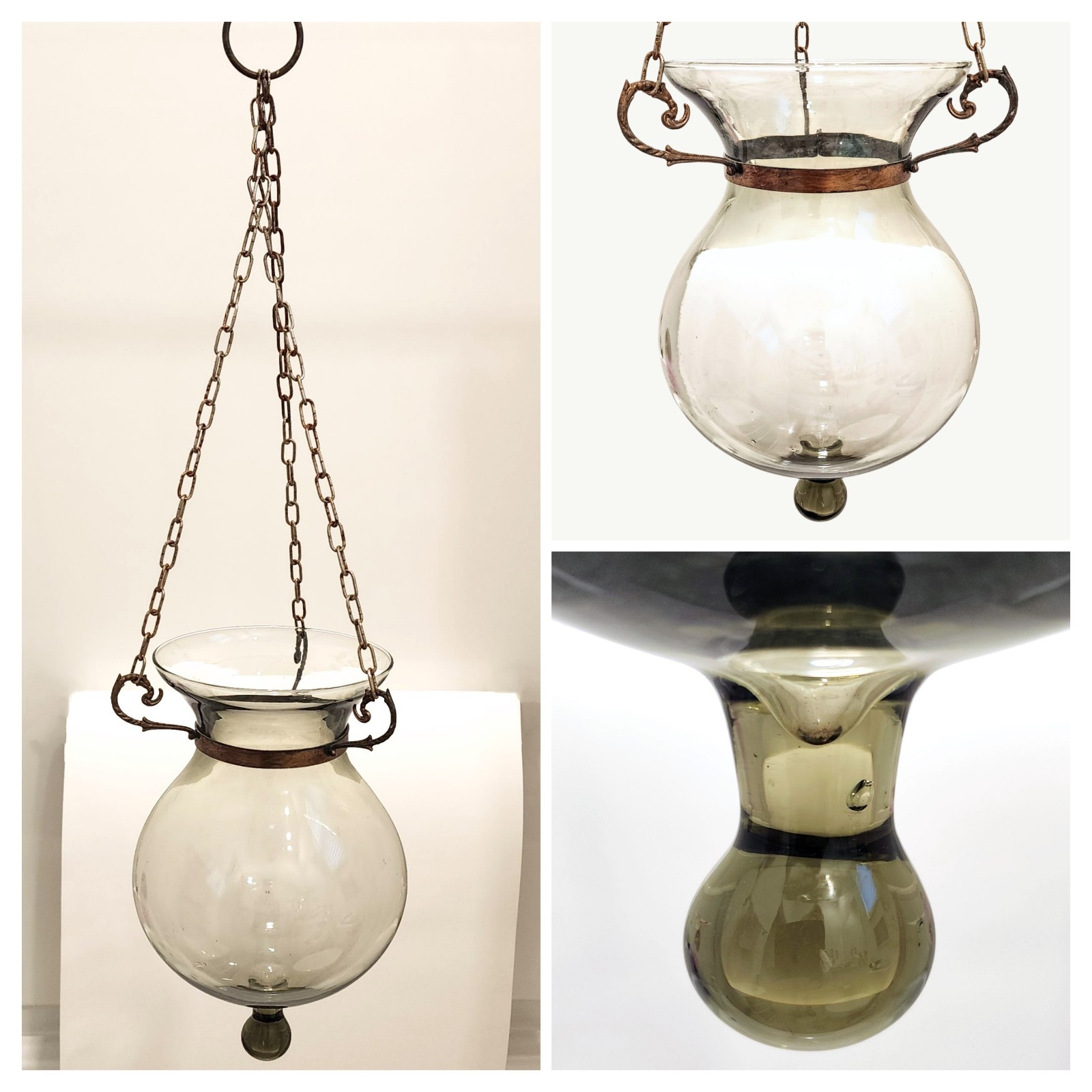 Antique Vintage Hand Blown Glass Hanging Hundi Bell Jar Globe Candle Lantern