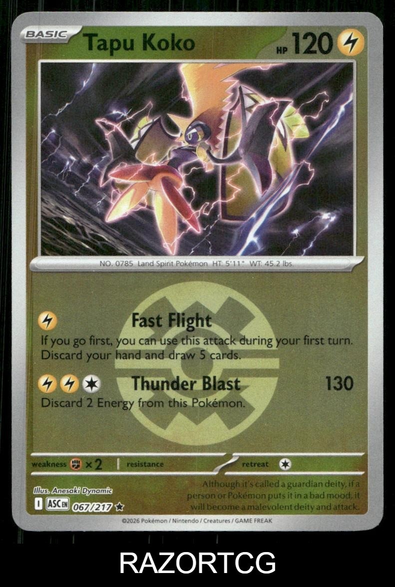 TAPU KOKO (QUICK BALL) 067/217 R ASCENDED HEROES POKEMON REVERSE HOLO NM/M
