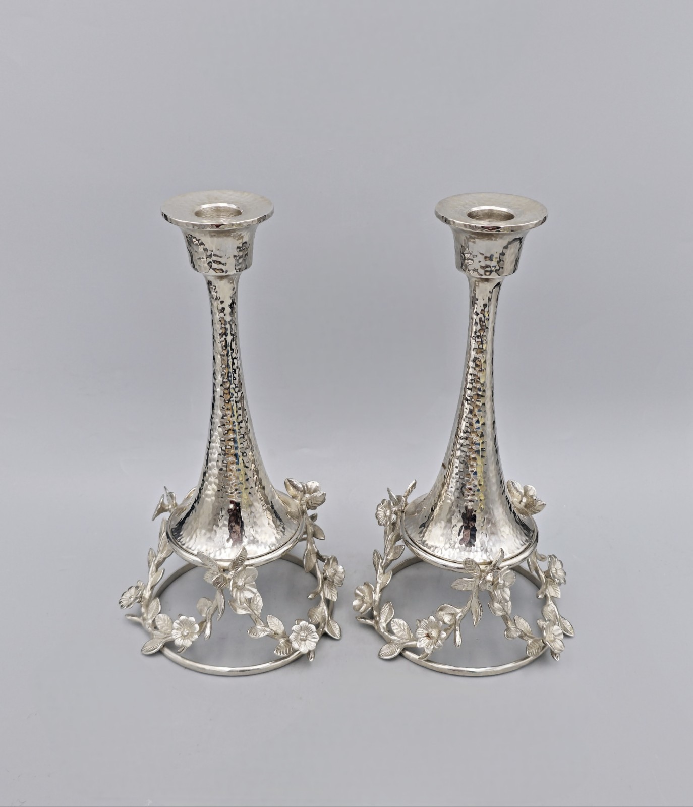 Pair Micheal Aram Silver Orchid Hammered Metal Candle Stick Holders 9.75″