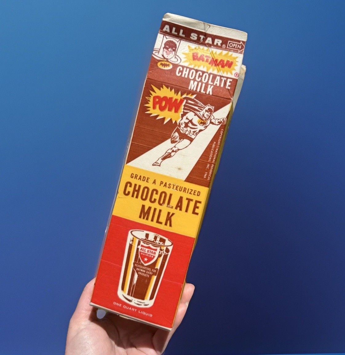 POW! Vintage 1966 Batman All Star Dairy Chocolate Milk Carton Box Bat Mask RARE!