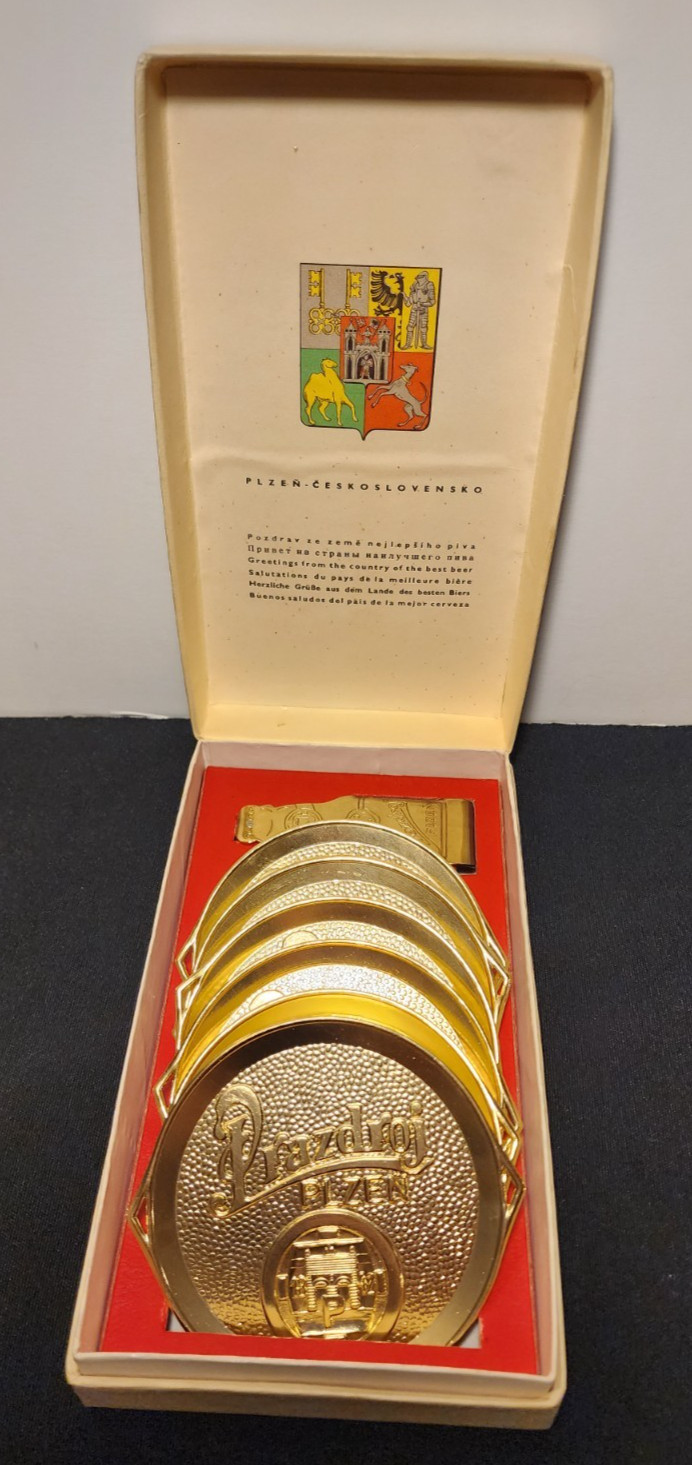 Rare CZECHOSLOVAKIA Beer Coaster Set of 6 & Pilsner Urquell Opener inBox Vintage