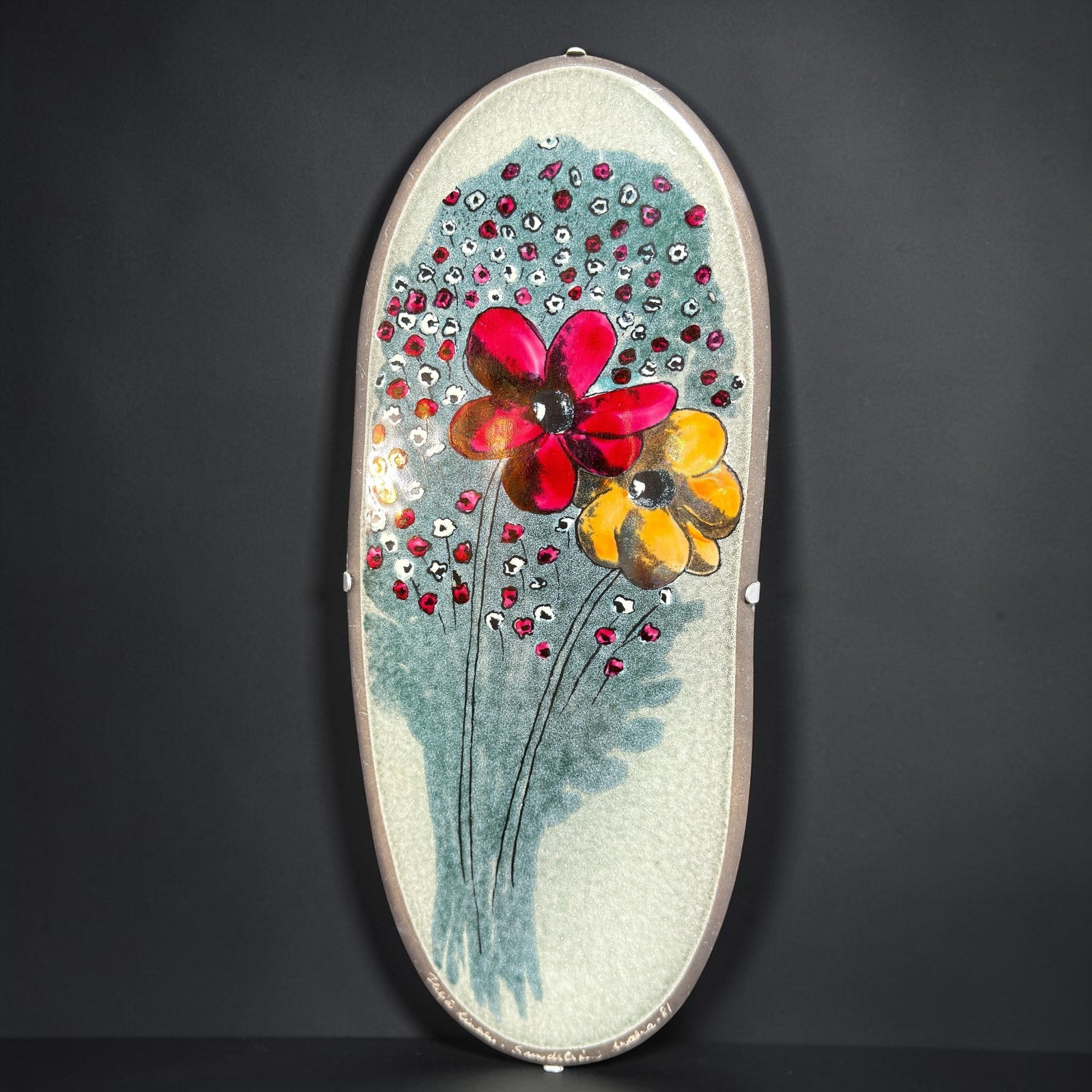 Arabia Finland Helja Liukko-Sundstrom Floral Ceramic Wall Plaque 1981 12×5 Oval