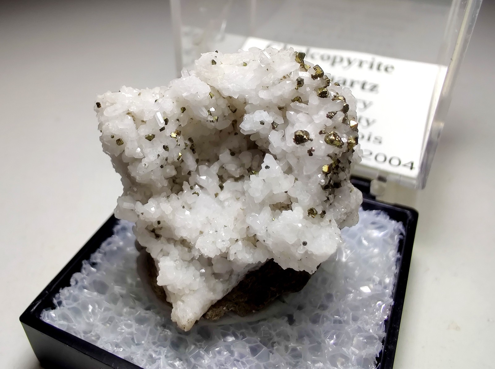 Chalcopyrite on white Quartz crystals. Lohr Quarry, Godfrey, Illinois. 3.1 cm.