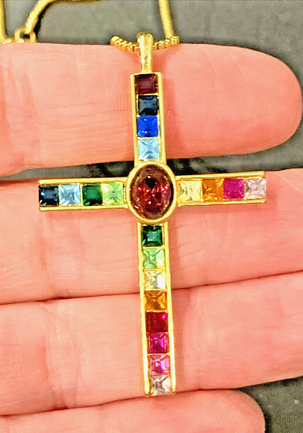 P.S.C.O. Gold Tone Cross Pendant Rainbow Crystals 30″ Necklace + Bonus Earrings