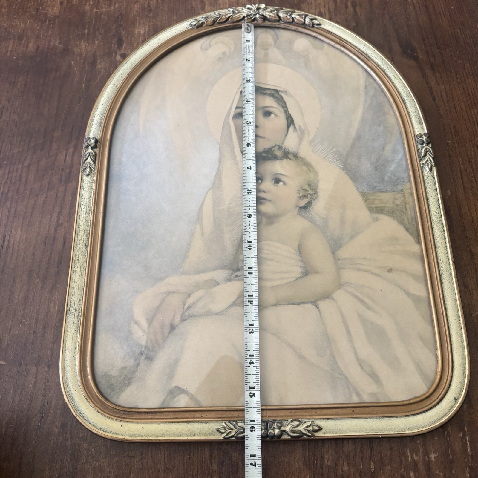 Antique Victorian Wood Picture Frame 13.5″ x 17.5″ Gold Gesso Ornate Arched Top