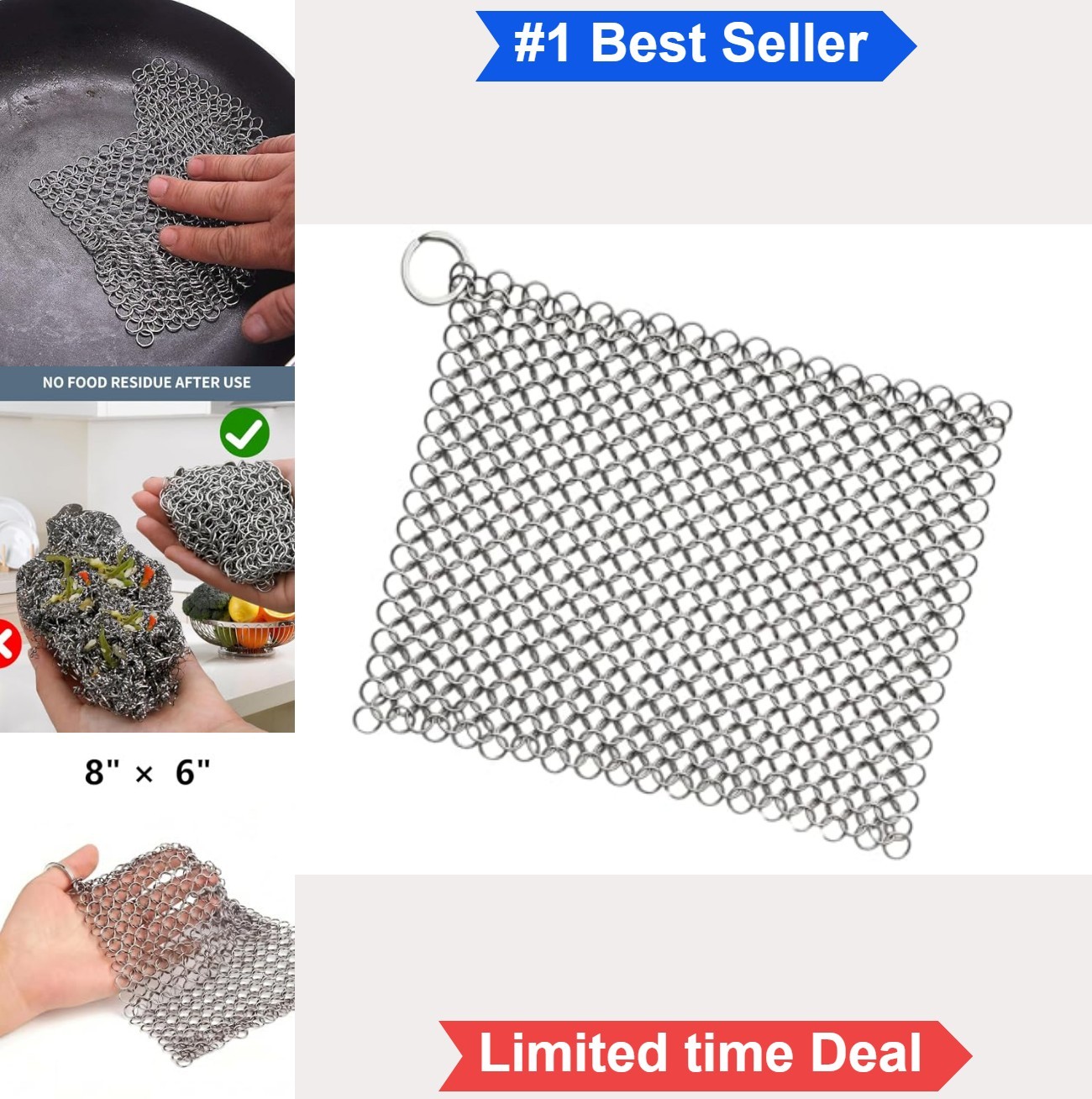 Cast Iron Scrubber Stainless Steel Chainmail Cleaner Grill Pan 8×6 Inches