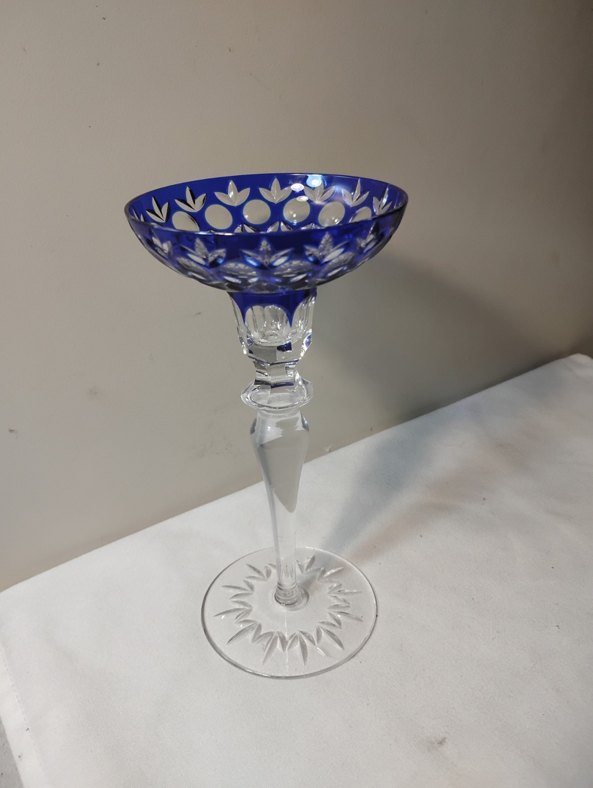 Vtg Baccarat Cut To Clear Glass Candle Holder 9″ Cobalt Blue Perfect Beauty