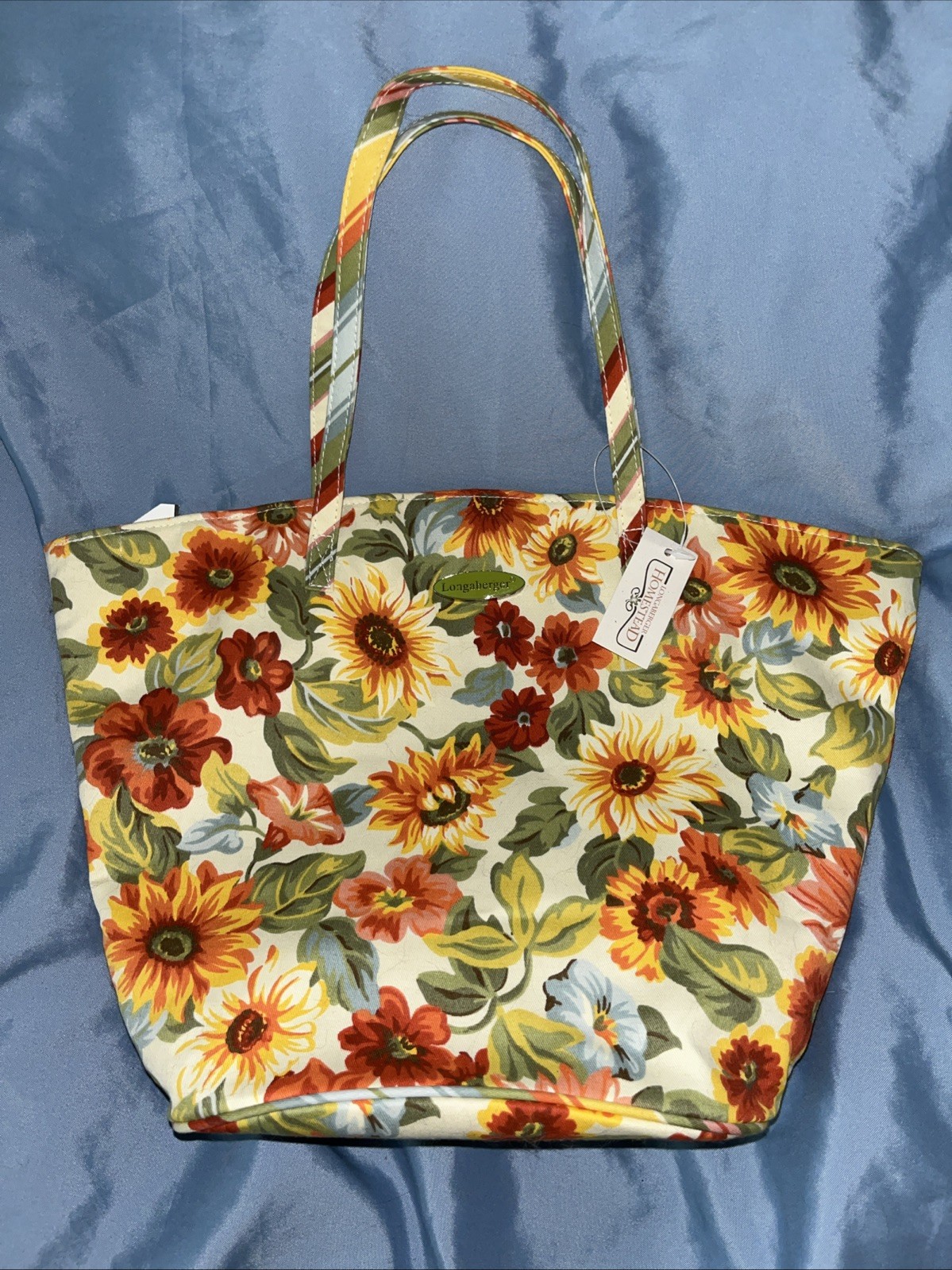 Longaberger Homestead Sunflower & Stripe Reversible Purse Handbag Tote