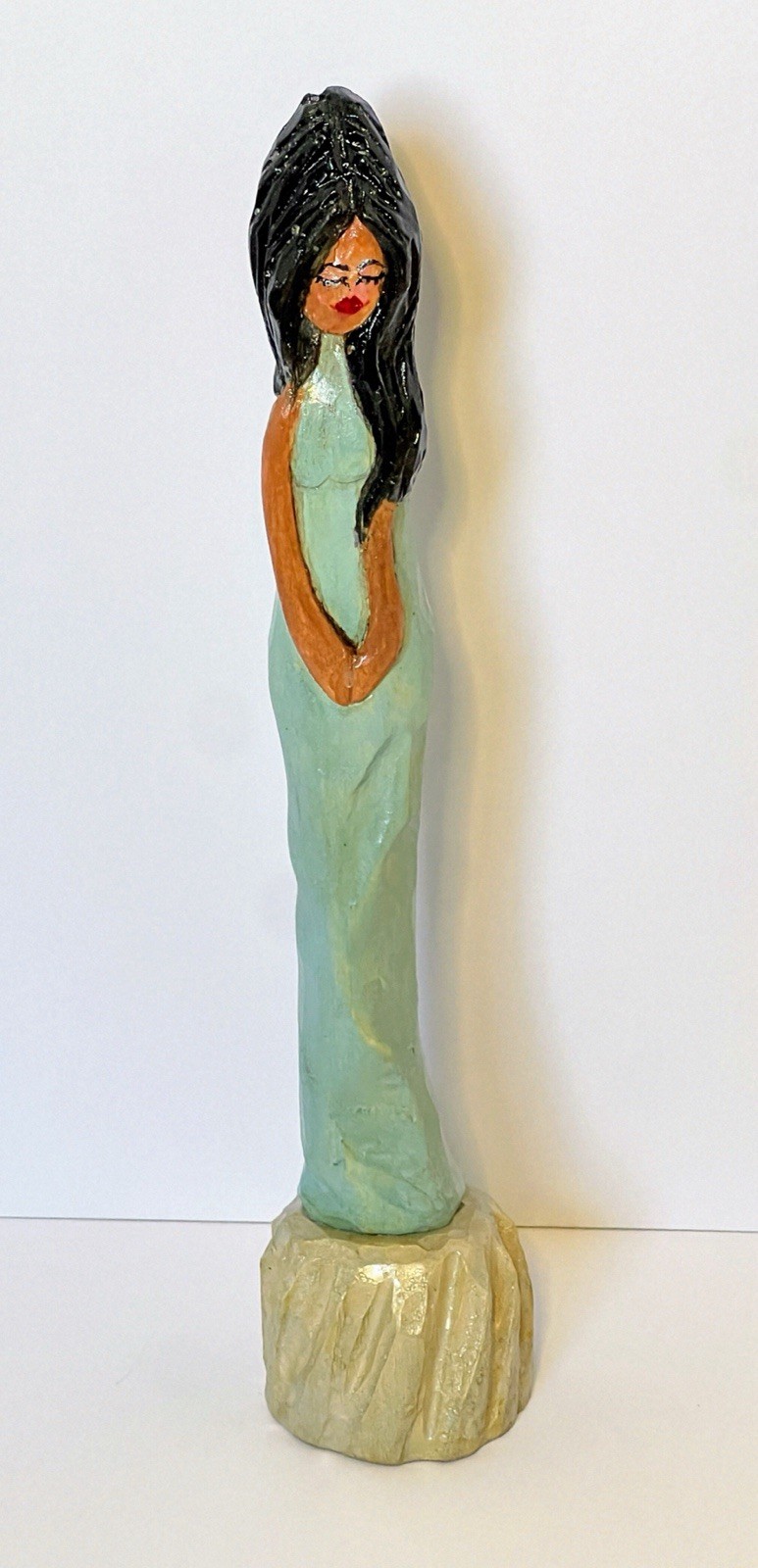 Hand Carved Painted Wood Woman Pencil Figure Folk Art Vanity Teen Room Prom