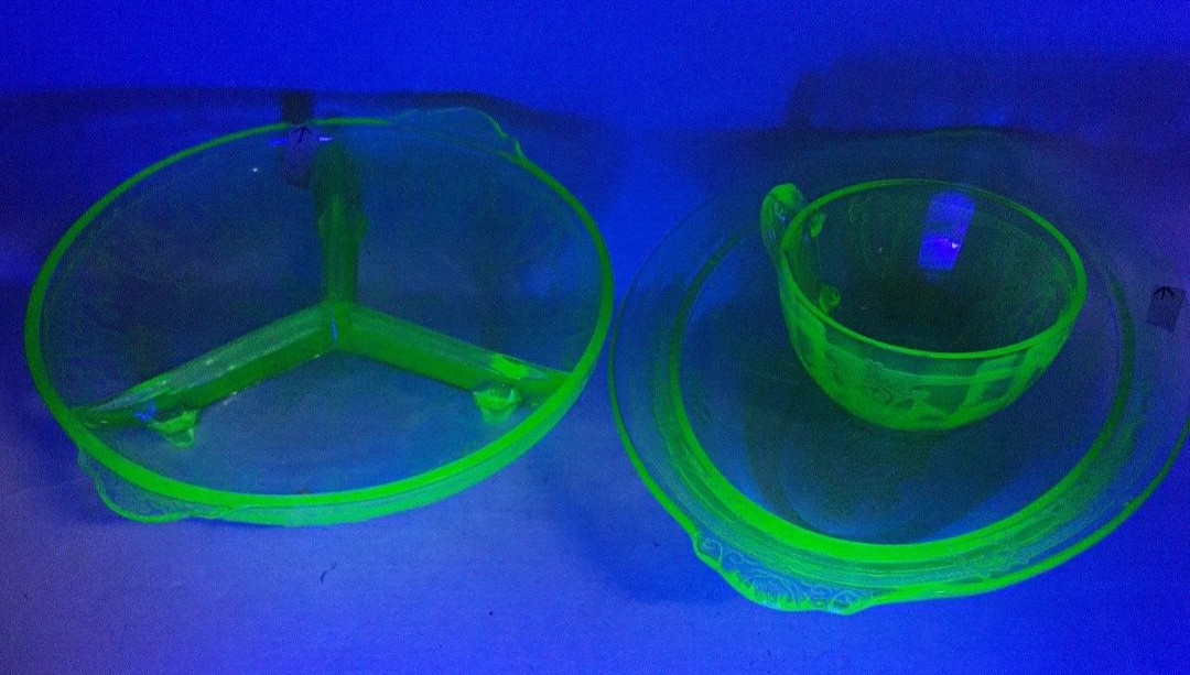 3 Pieces Hocking Glass FLAWED Green Uranium Depression Glass Cameo Ballerina