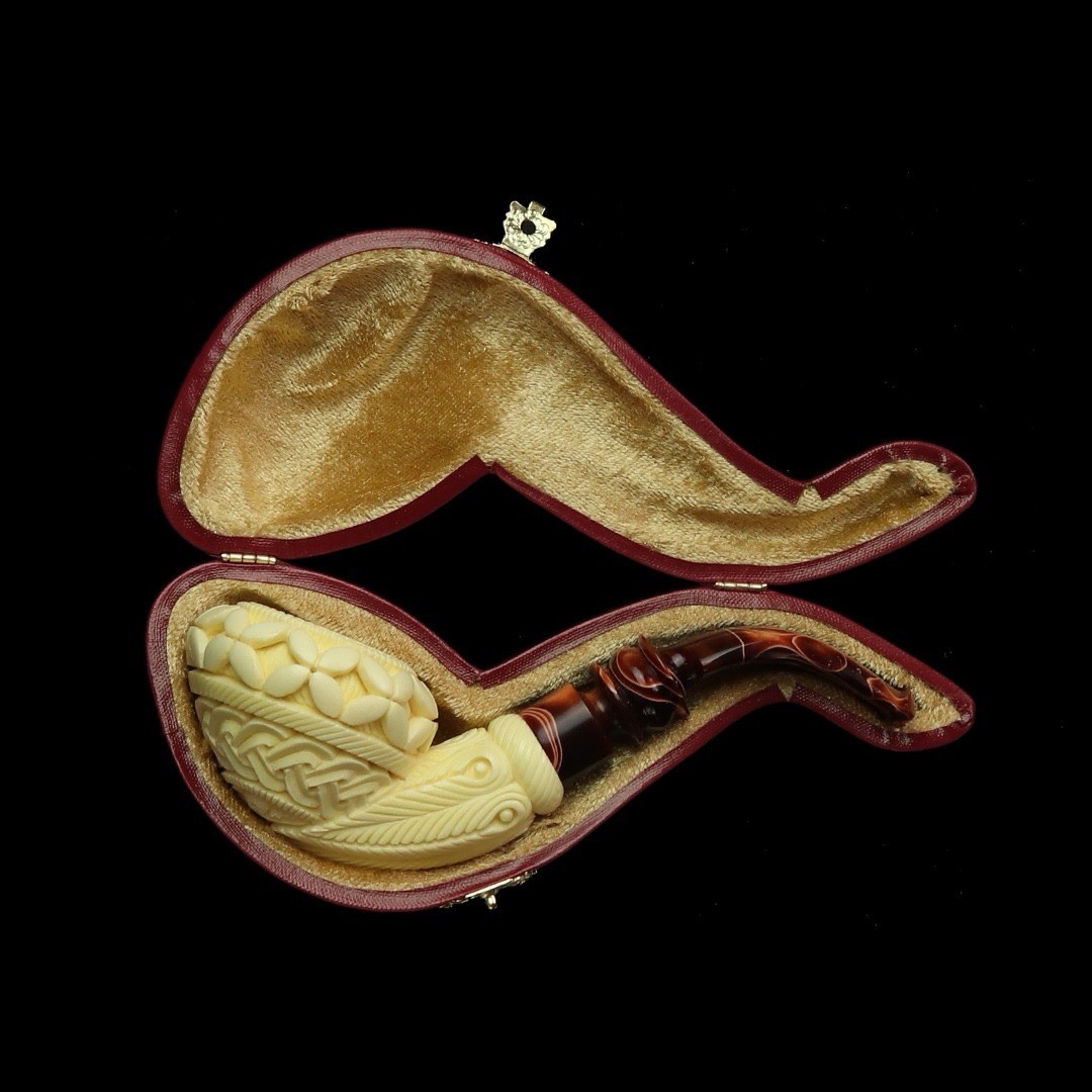 Ornate Squat Rhodesian Pipe BLOCK MEERSCHAUM-NEW Handmade Case#1549