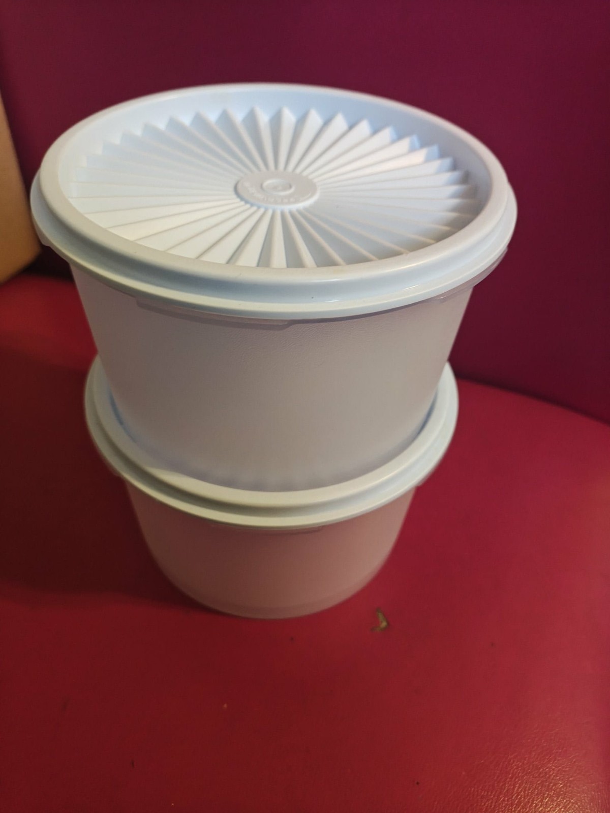 NEW! Tupperware Small Stacking Servalier ONE TOUCH Clear Canister Blue Set of 2!