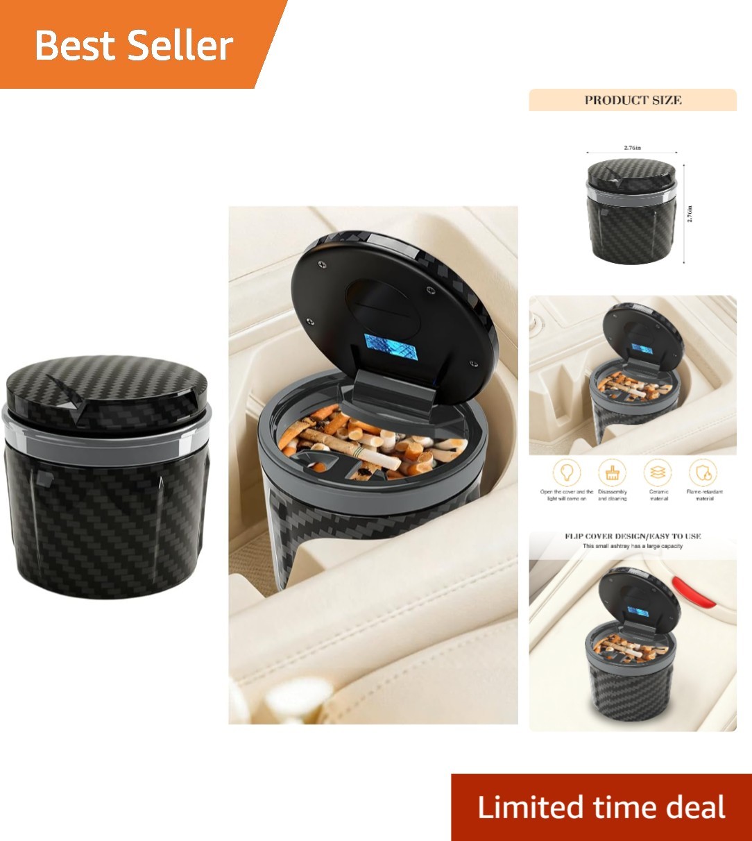 Luxury Car Ashtray with Lid – Smell Proof and Detachable Design for Easy Cleanup