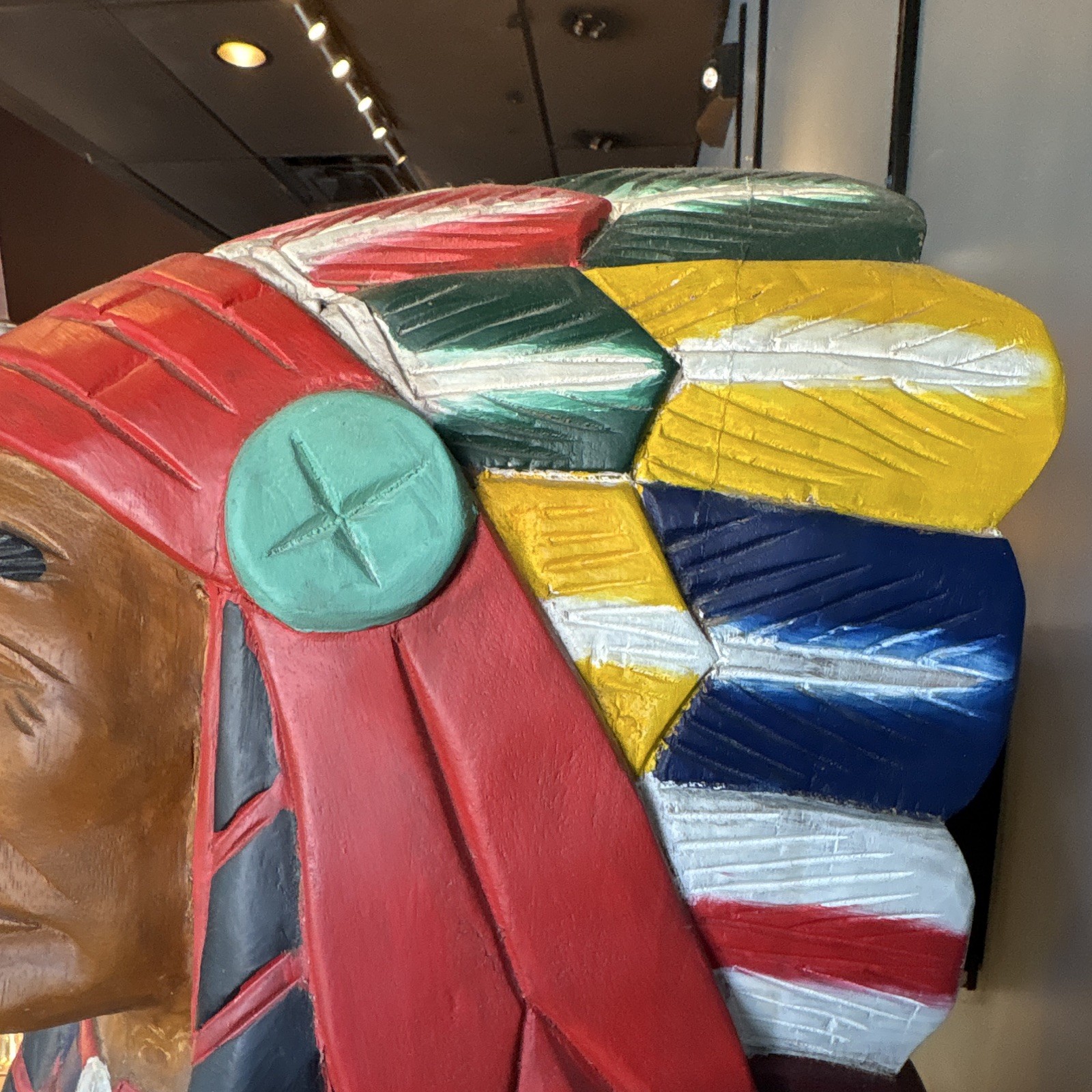 Hand Painted Carved Wood Native American Chief Statue, Large Multicolor