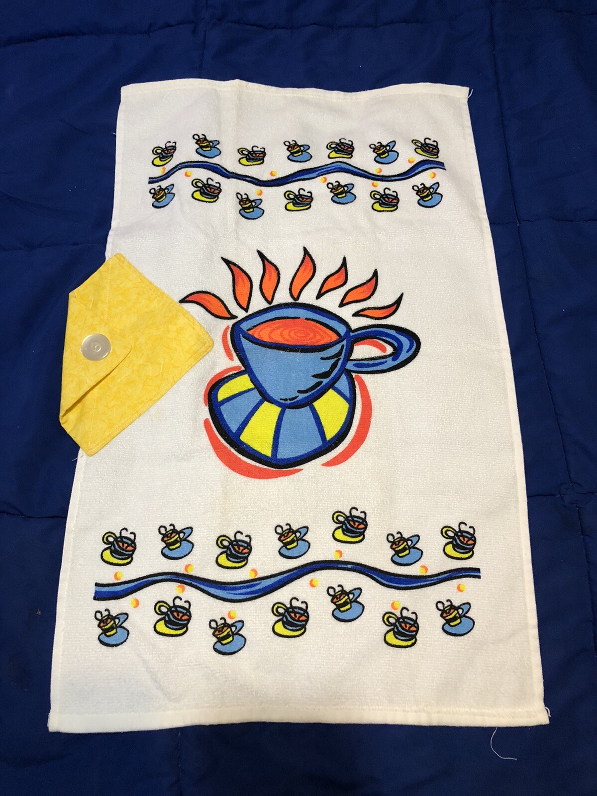 Vintage MCM Kitchen Dish Towel w Button – Colorful Coffee Cups – 16×26
