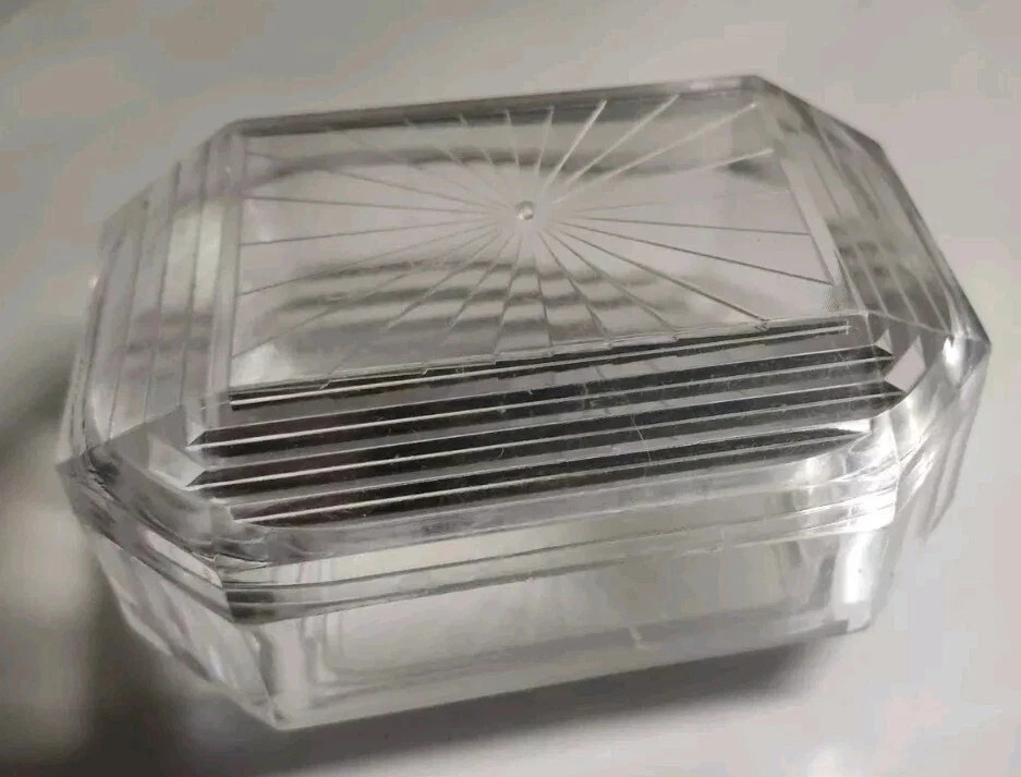 Clear Vintage Dusting Powder Puff Makeup Box Crystal Look Plastic Starburst