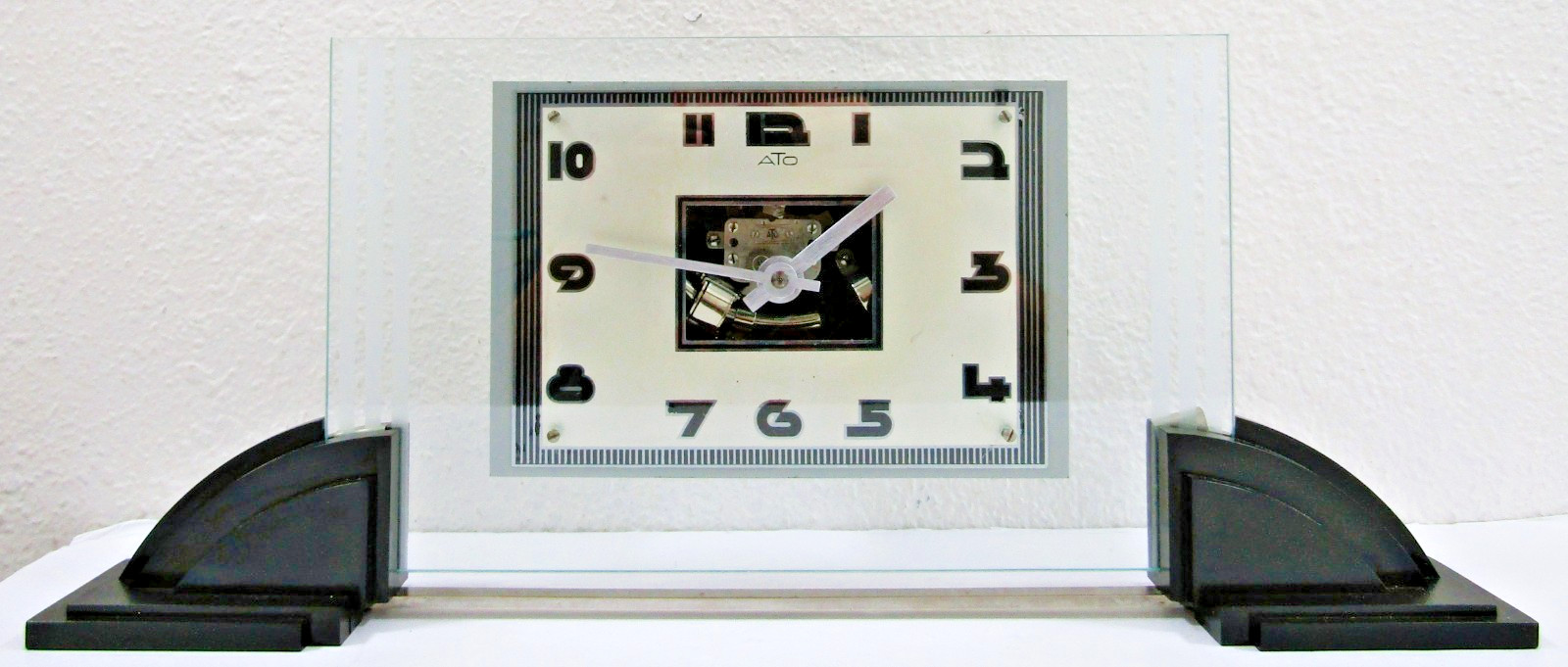 ATO French Art Deco 1930s Leon Hatot Glass and Bakelite Table Clock