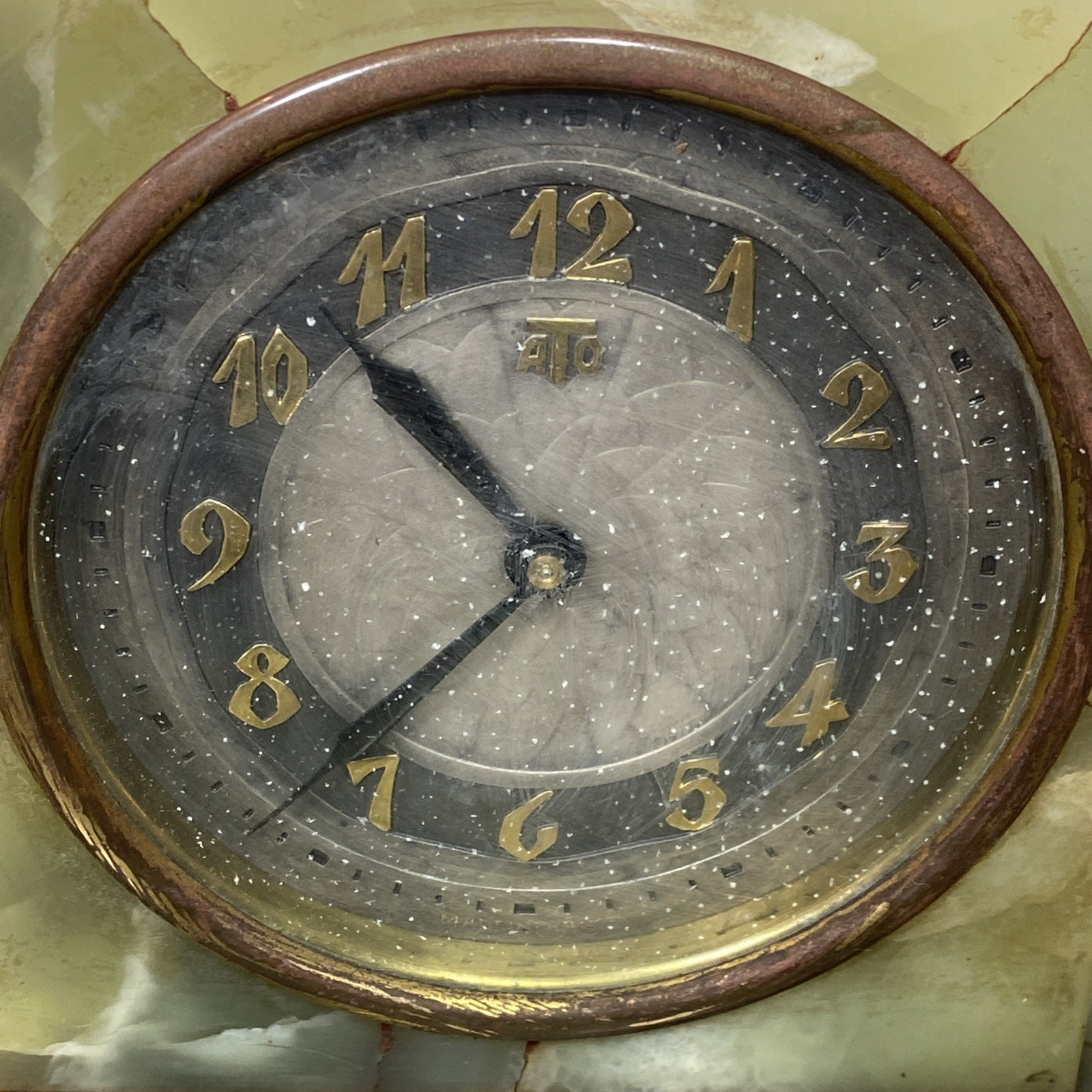 ATO Leon Hatot Art Deco Green Onyx Marble Pen Holder Mantel Desk Clock France