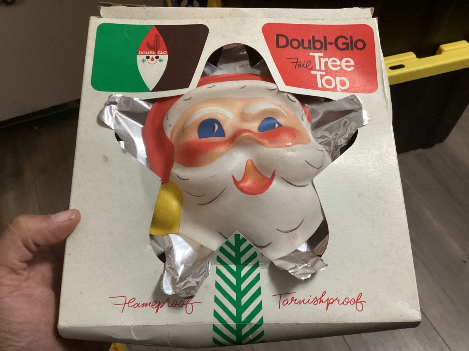 Vintage 70s Doubl Glo Christmas Foil Tree Top Santa Claus Box Paper Novelty Mfg