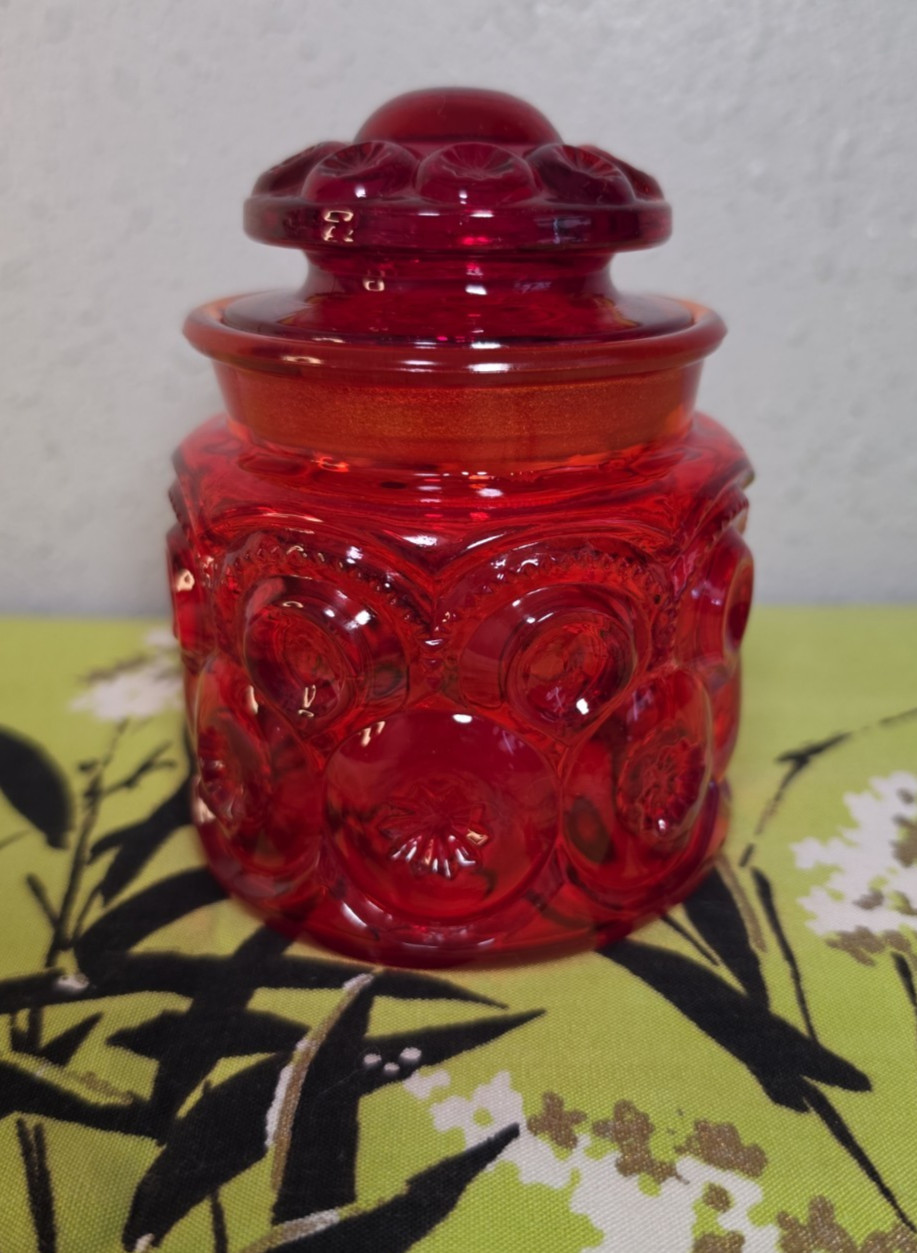 Vintage Moon and Stars Amberina LE Smith Small Canister Apothecary Jar 5″