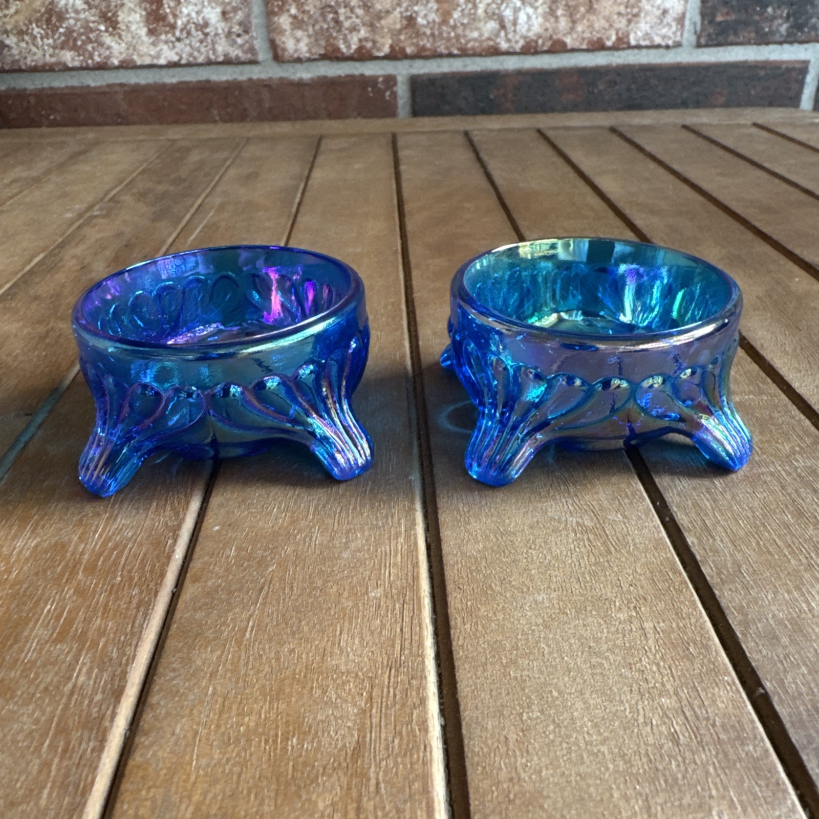 2 CAPRICE ROUND FOOTED Salt Dips Blue CARNIVAL GLASS Summit Art Cambridge