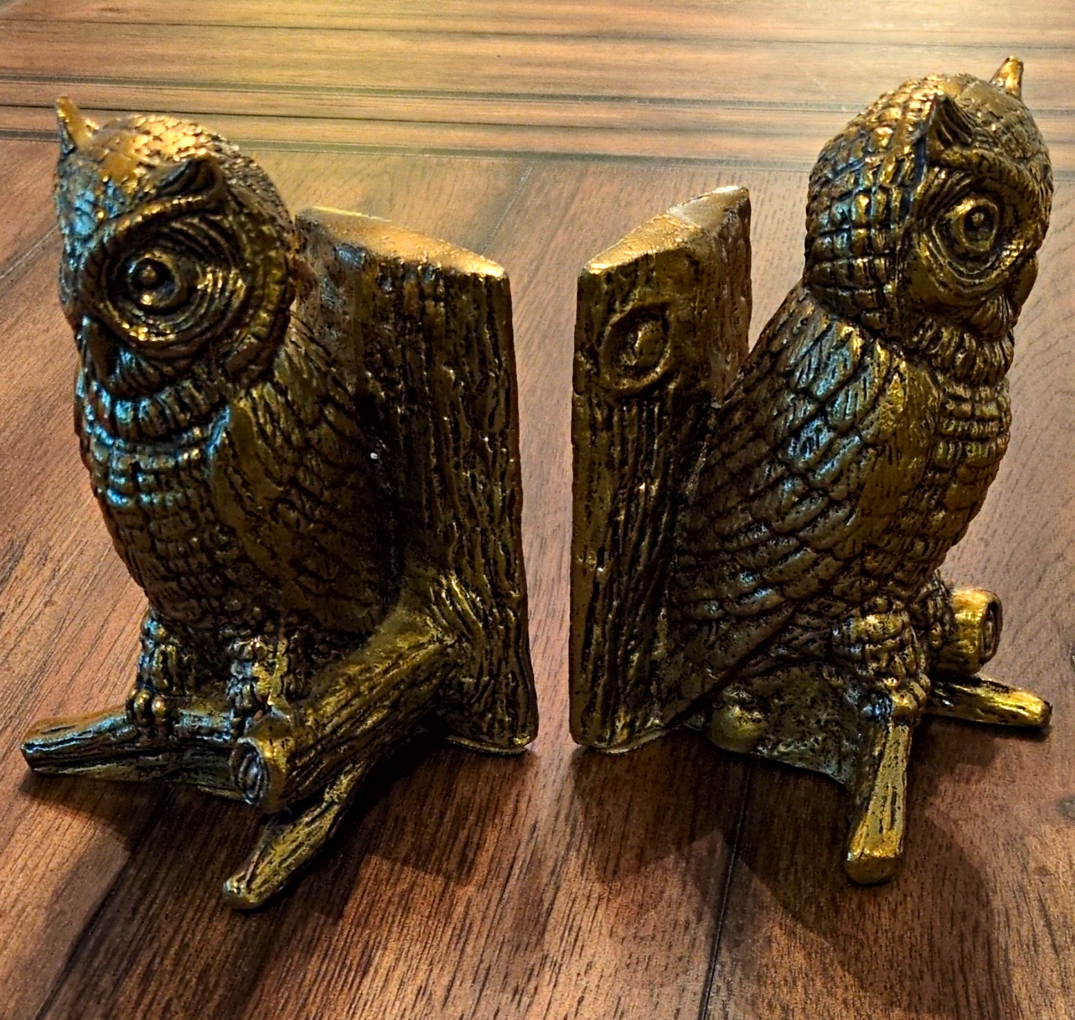 Hampton Owl Bookends Pair Gold Metal Antique Finish 3D Effect Vintage 1975