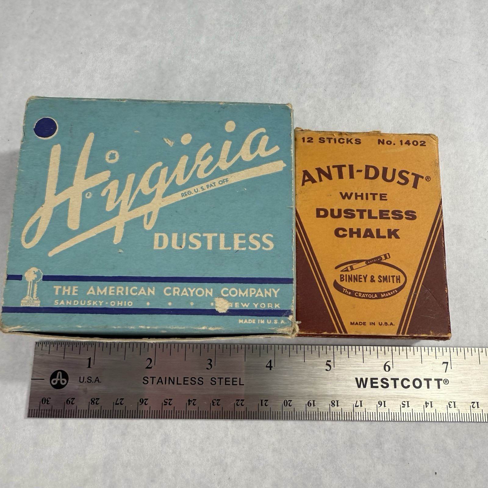2 Vtg Boxes Chalk Anti-Dust White Dustless No. 1402 Binney-Smith Hygieia Crayola