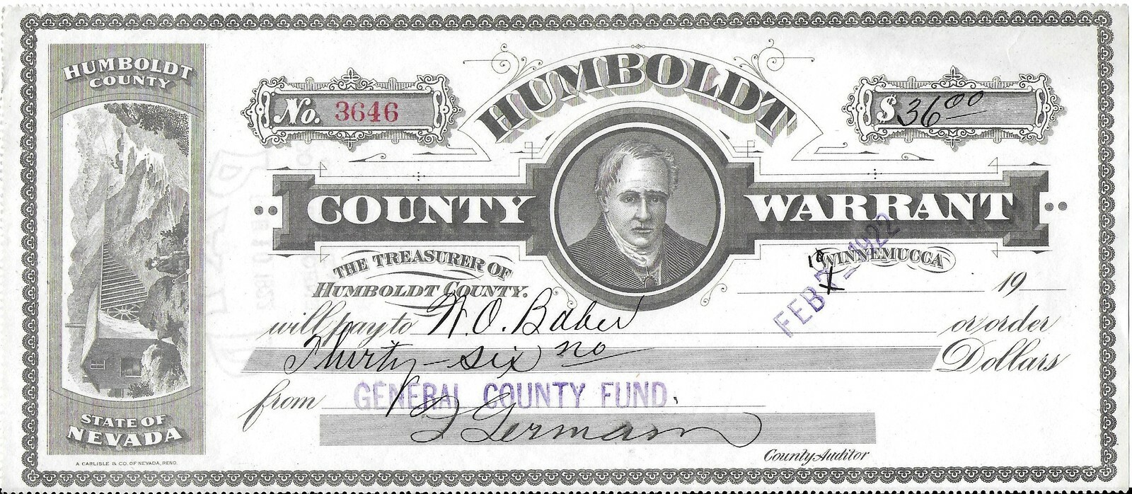 1922 Humboldt County Nevada Pay Warrant for $36.00 to N O Baber