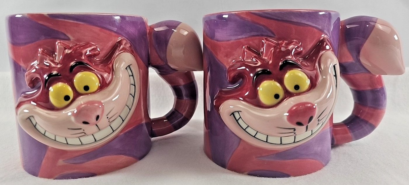 Alice In Wonderland Cheshire Cat 3D Face & Tail 35th Anniversary Coffee Mugs x 2