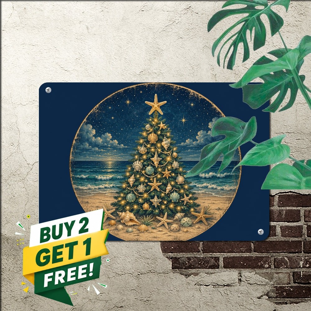 Coastal Beach Scene Holiday Tree Ornaments Decor Metal Plaque Sign 8×12