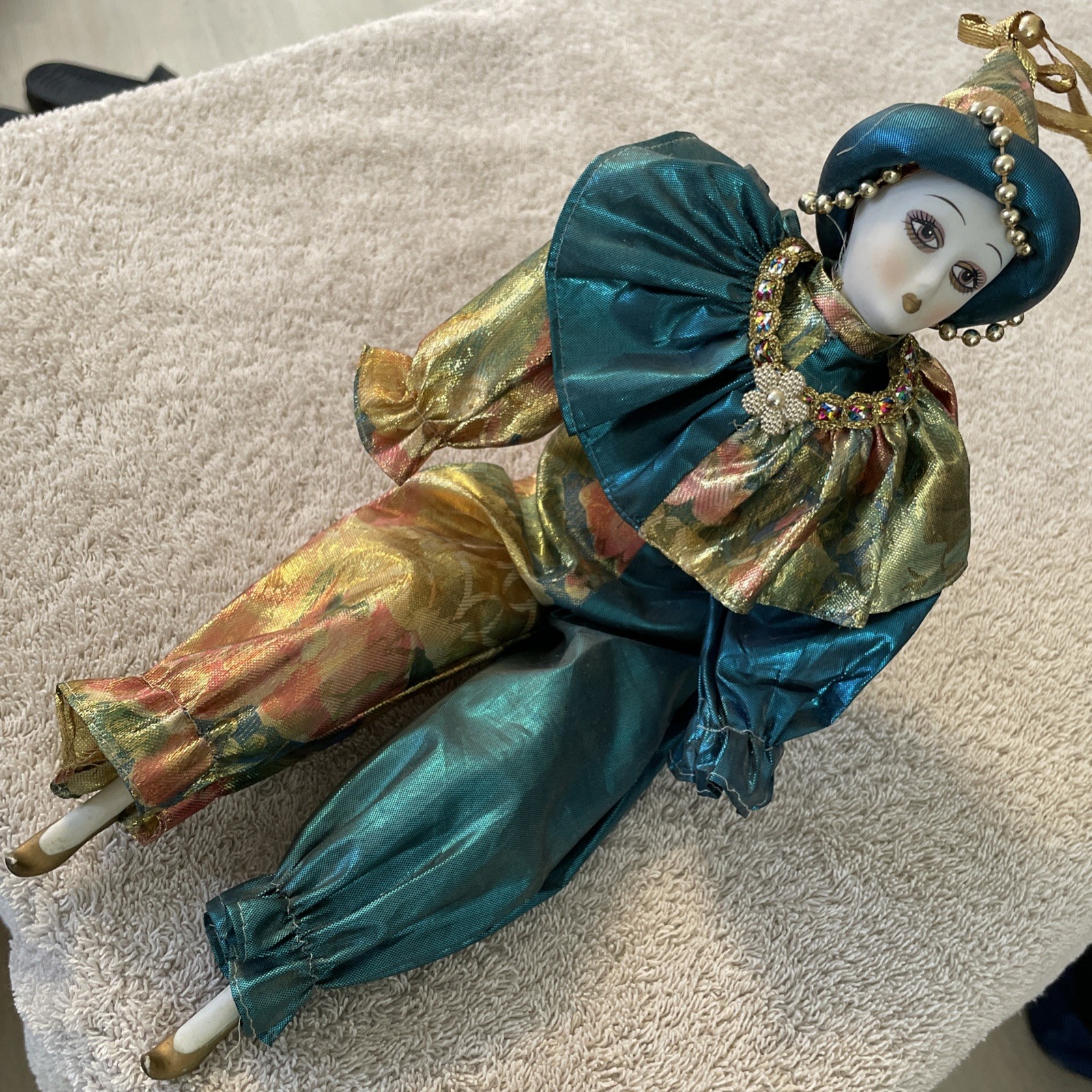 Vintage Porcelain Venetian Carnival Harlequin Jester Doll 13.5″