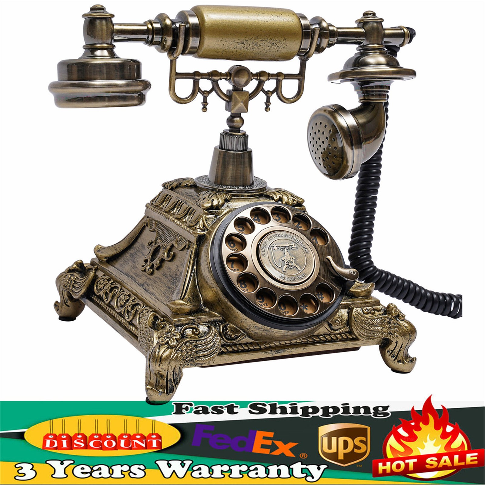 Antique Vintage Handset Old Telephone European Style Rotary Dial Phone Gold New