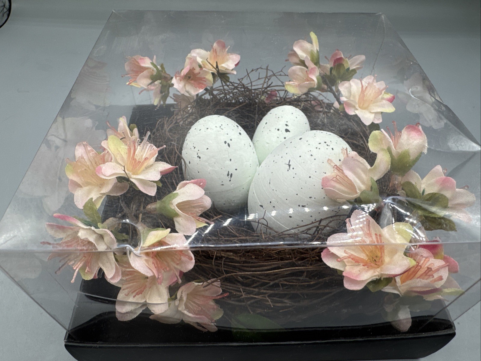 Birds Nest w/Three Speckled Eggs and Silk Flowers Decor 5” Nest (In Gift Box)