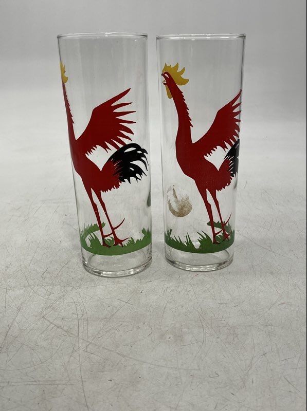 Federal Glass Clear Red Rooster Chanticleer Zombie MCM Highball Glasses Lot Of 2