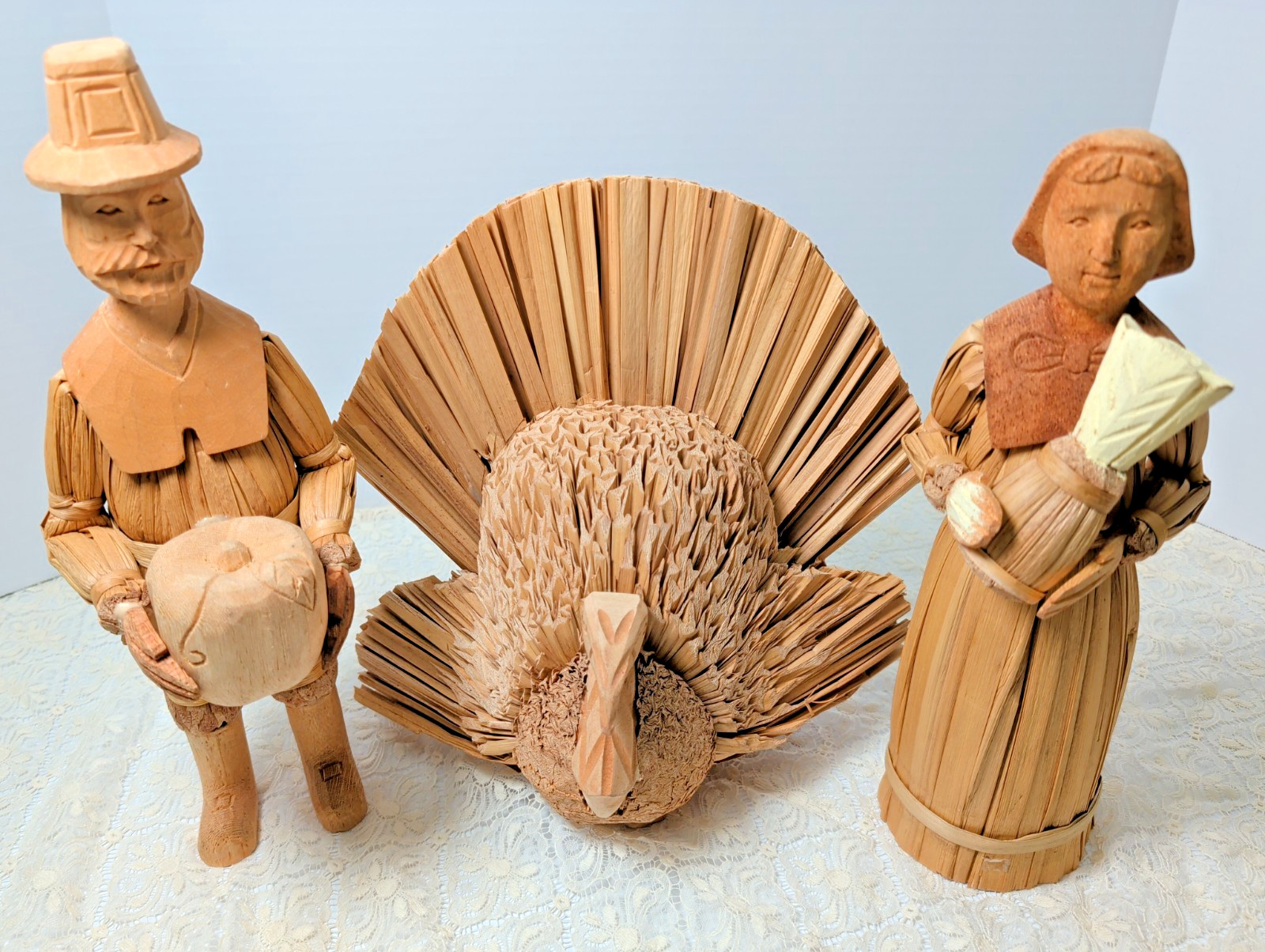 Thanksgiving Set of 3 Pilgrims/Turkey Carved Corn Husk Style Figures Folk Art