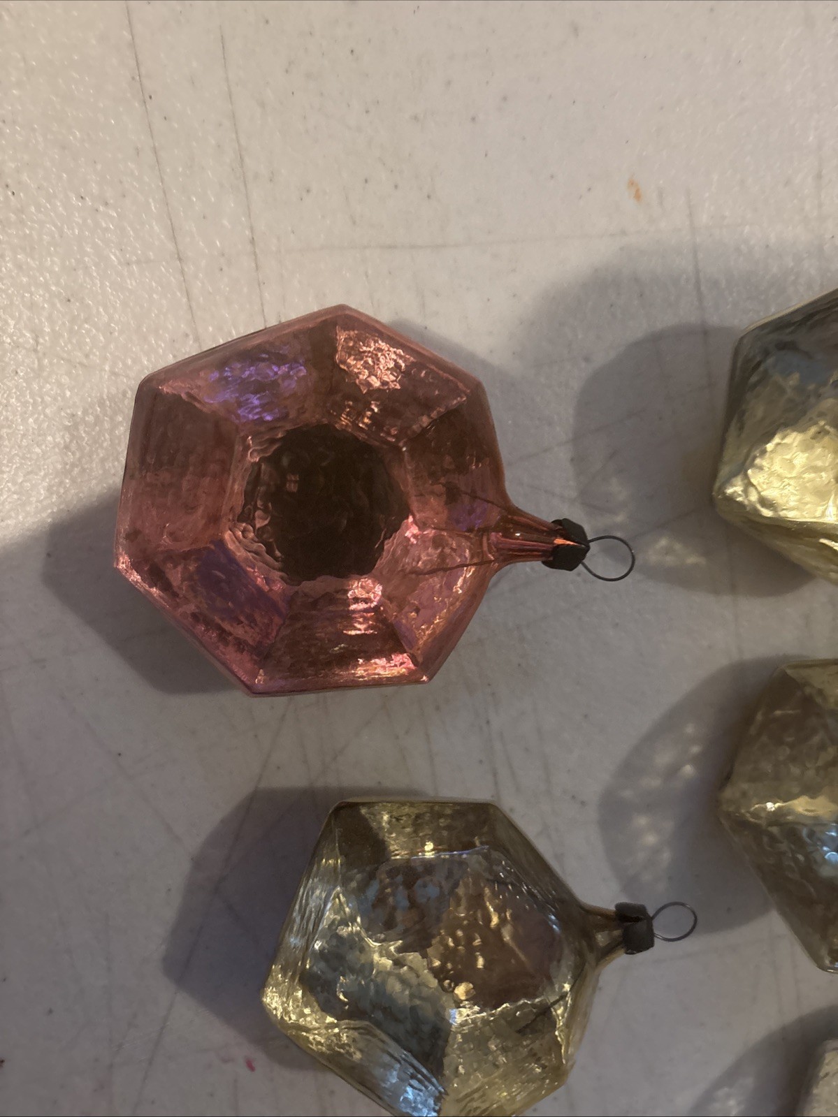 Set of 6 Vtg Ice Glass Geometric Hexagon Russian Christmas Ornaments ~3” Approx