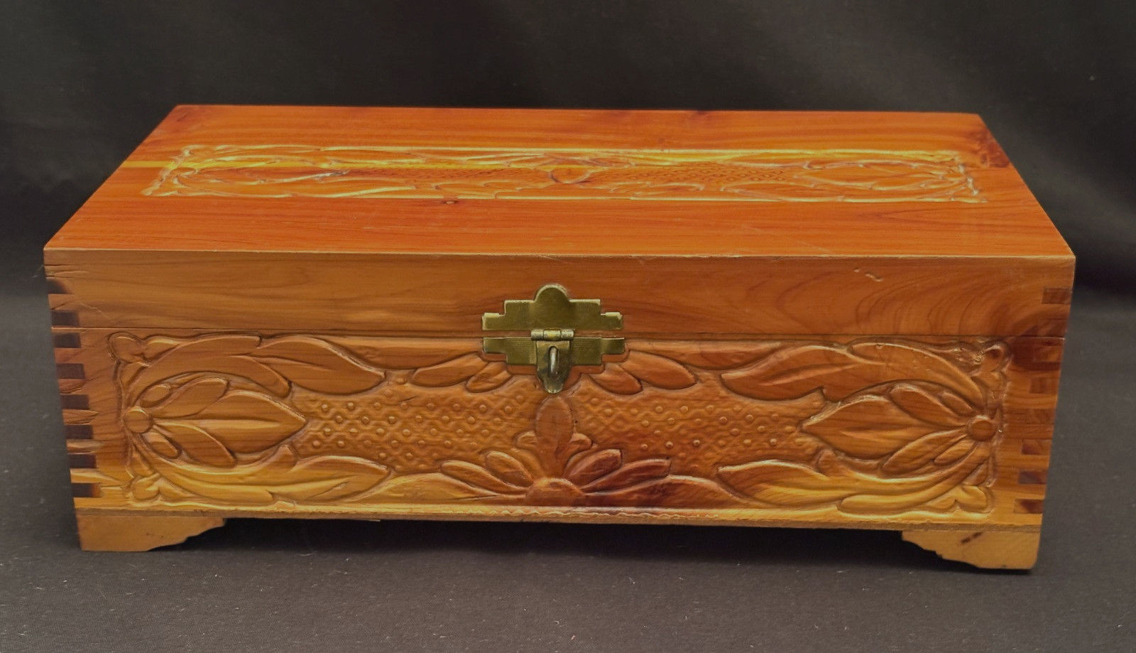 Vintage Carved Cedar Wood Latching Treasure Box W/Mirror Very Clean Inside & Out