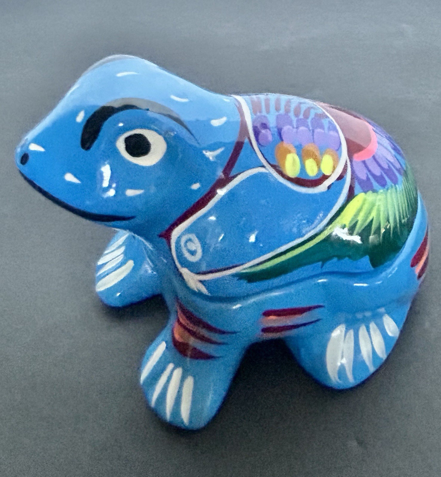 Hand Painted Mexican Folk Art Frog Trinket Box Blue Ceramic Pottery 4”x3.5”