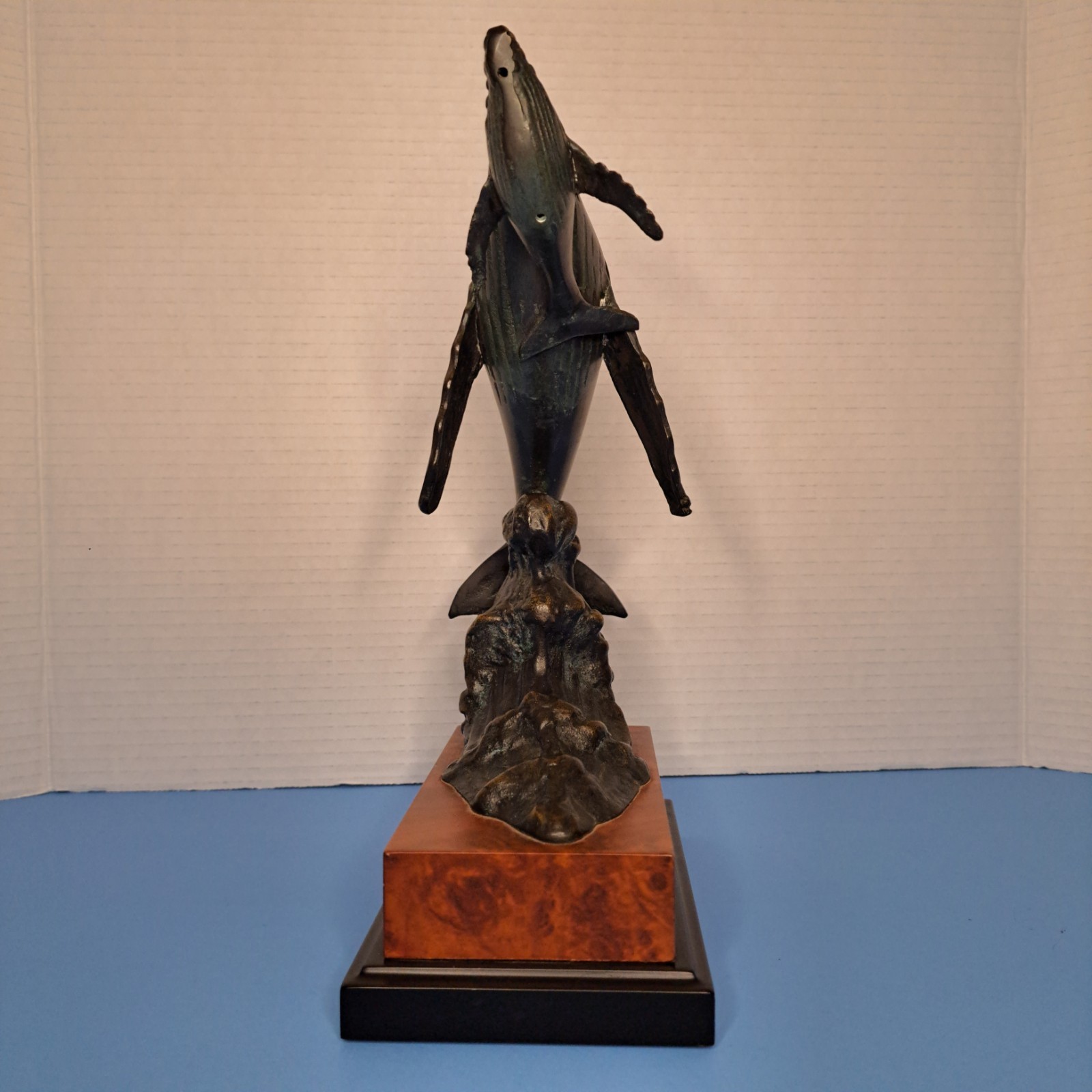 Vintage Bronze Humpback Whale With Calf Statue Wood Base Patina