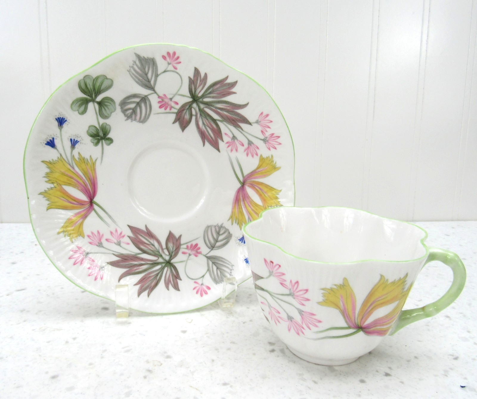 Vintage Shelley Teacup and Saucer England fine bone china pink floral leaf rare