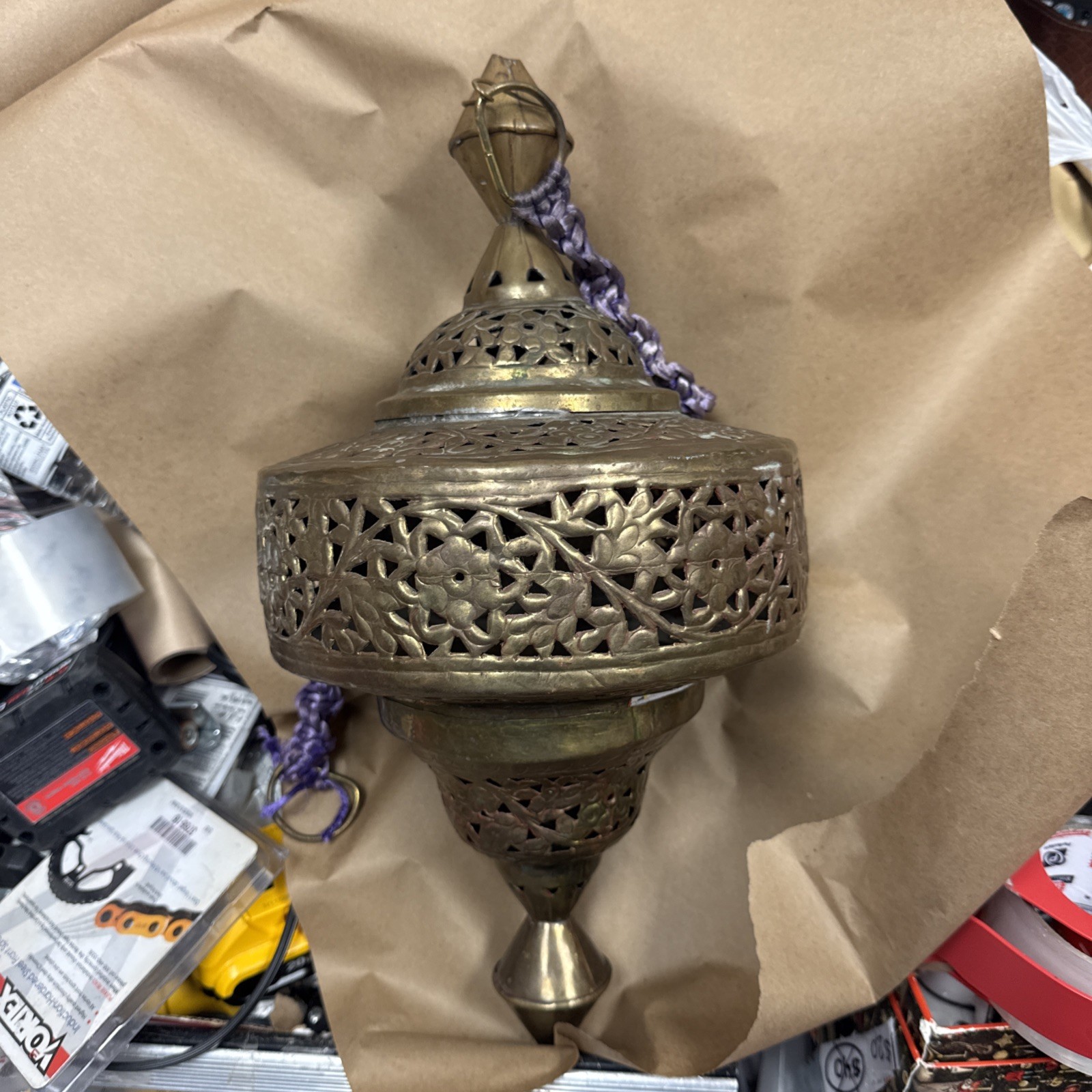 Vintage Pierced Brass Pendant Hanging Lantern Light Turkish Fixture- Middle East