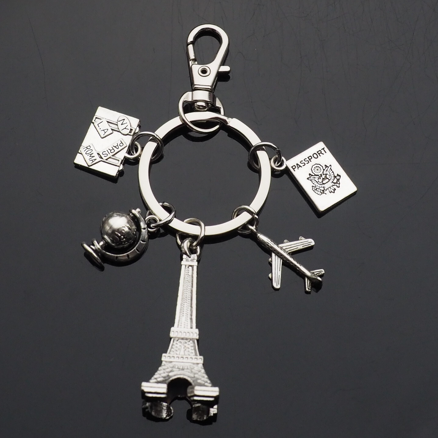 Paris Eiffel Tower World Traveler Passport Globe Spins Charms Keychain with Clip