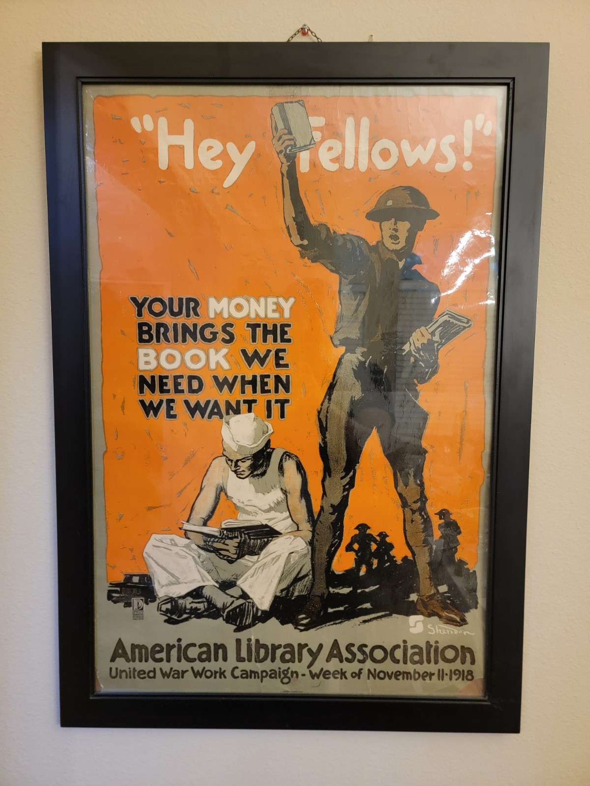 Original WWI 1918 American Library Assoc HEY FELLOWS Framed Propaganda Ad Poster