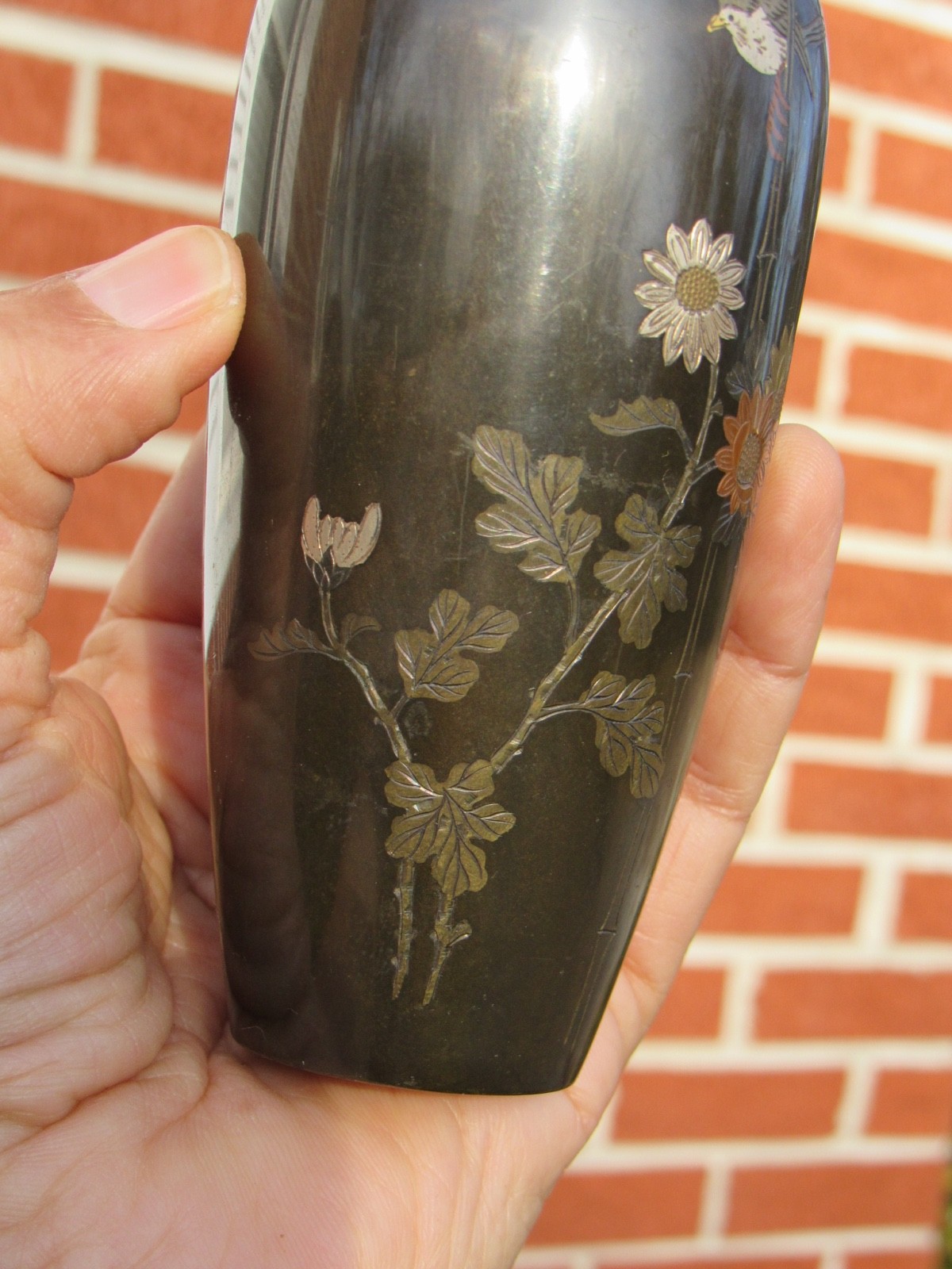 Vintage 1945-50 Japanese 5″ Bronze MIXED METALS Bird Flower Vase CPO Hallmark