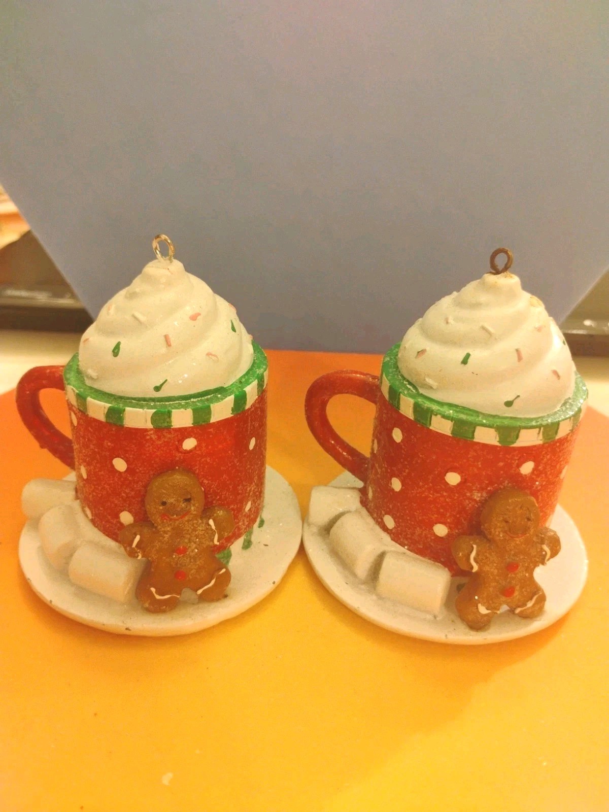 Lot of 2- GINGERBREAD MAN with Red Polka Dot COCOA CUP ORNAMENTS. 3 inches Tall