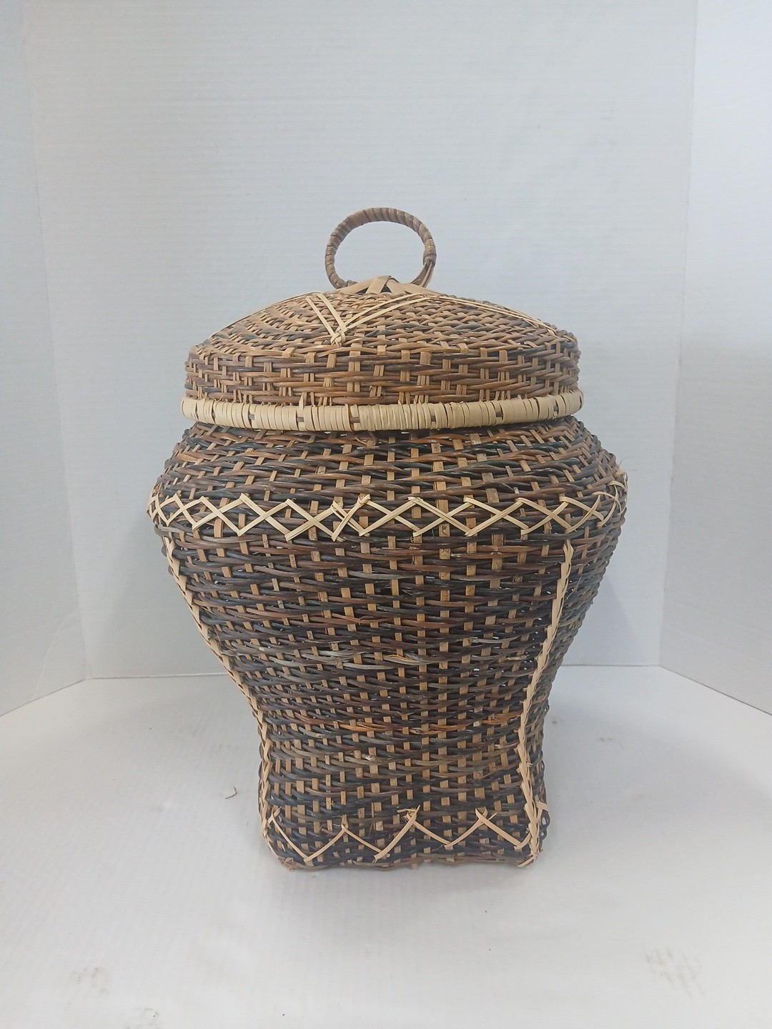Vintage Snake Charmer Basket 13″ Tall, Round Clasp lid w/Star Square Bottom