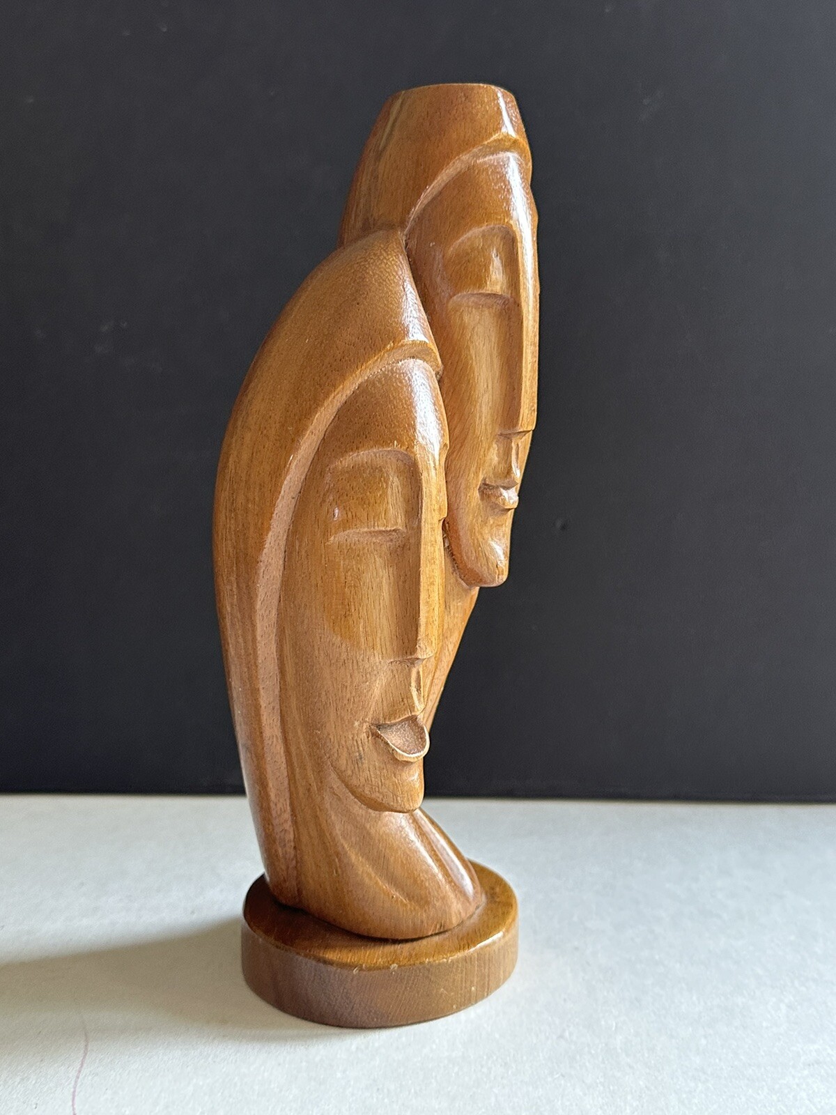 Vtg MCM Greek Cycladic Carved Wood Couple Heads Statue Scupture Devotion Lovers