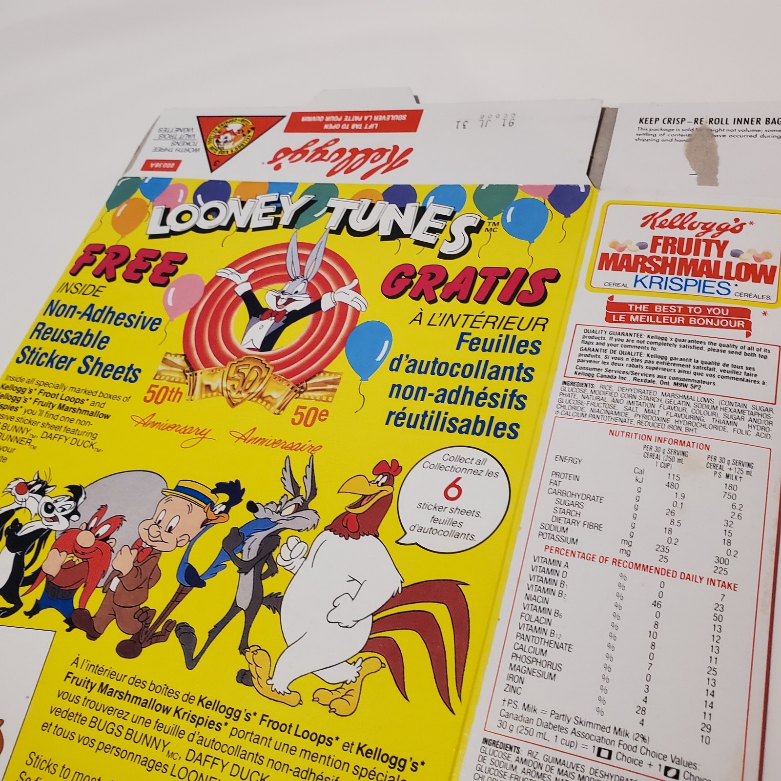 Vintage 1990 1991 Kelloggs Fruity Marshmallow Krispies Cereal Box Looney Tunes